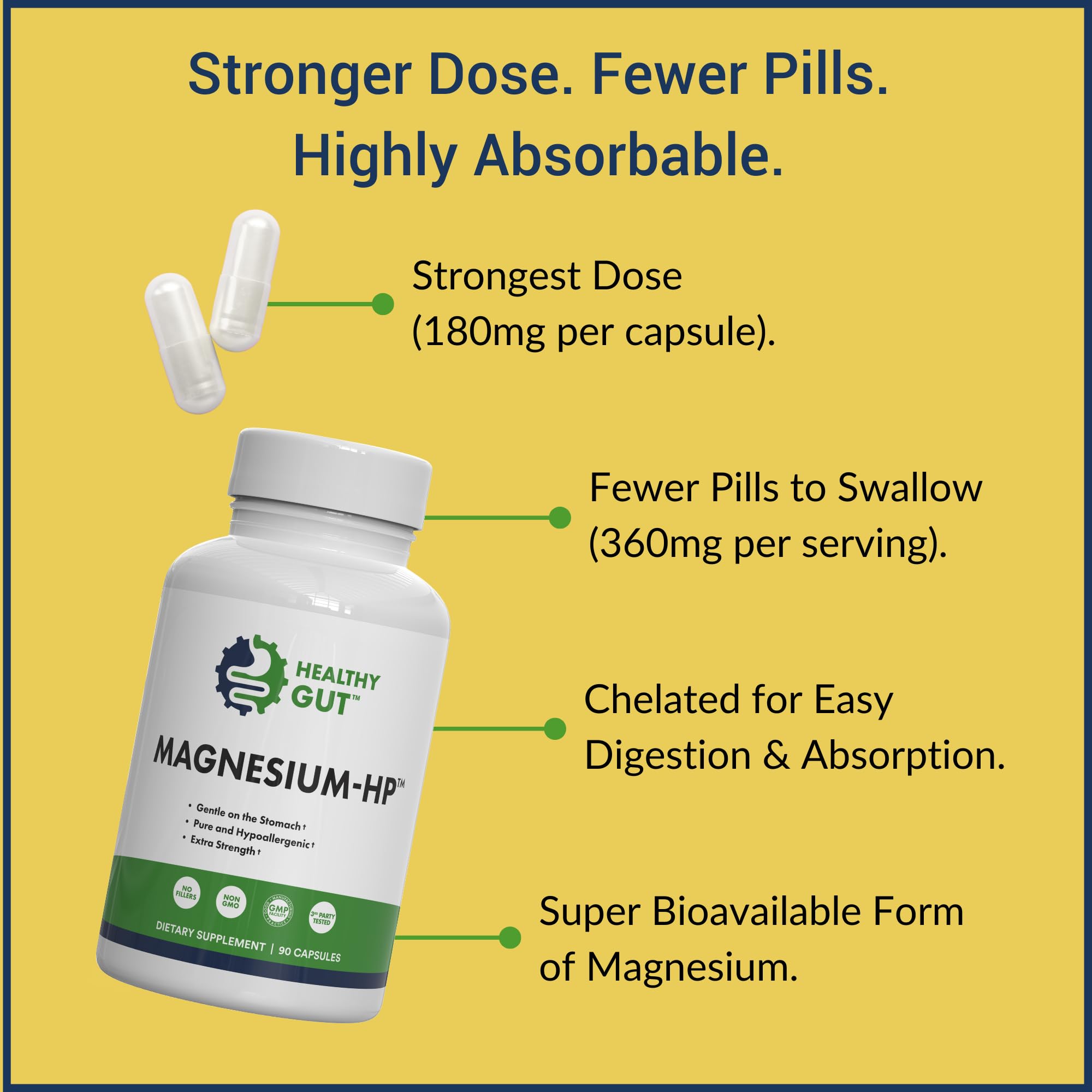 Healthy Gut Magnesium-HP | Ultra Pure Magnesium Glycinate Capsules with Zero Fillers | 180 mg Magnesium Glycinate | 90 Servings Healthy Gut Au supplements