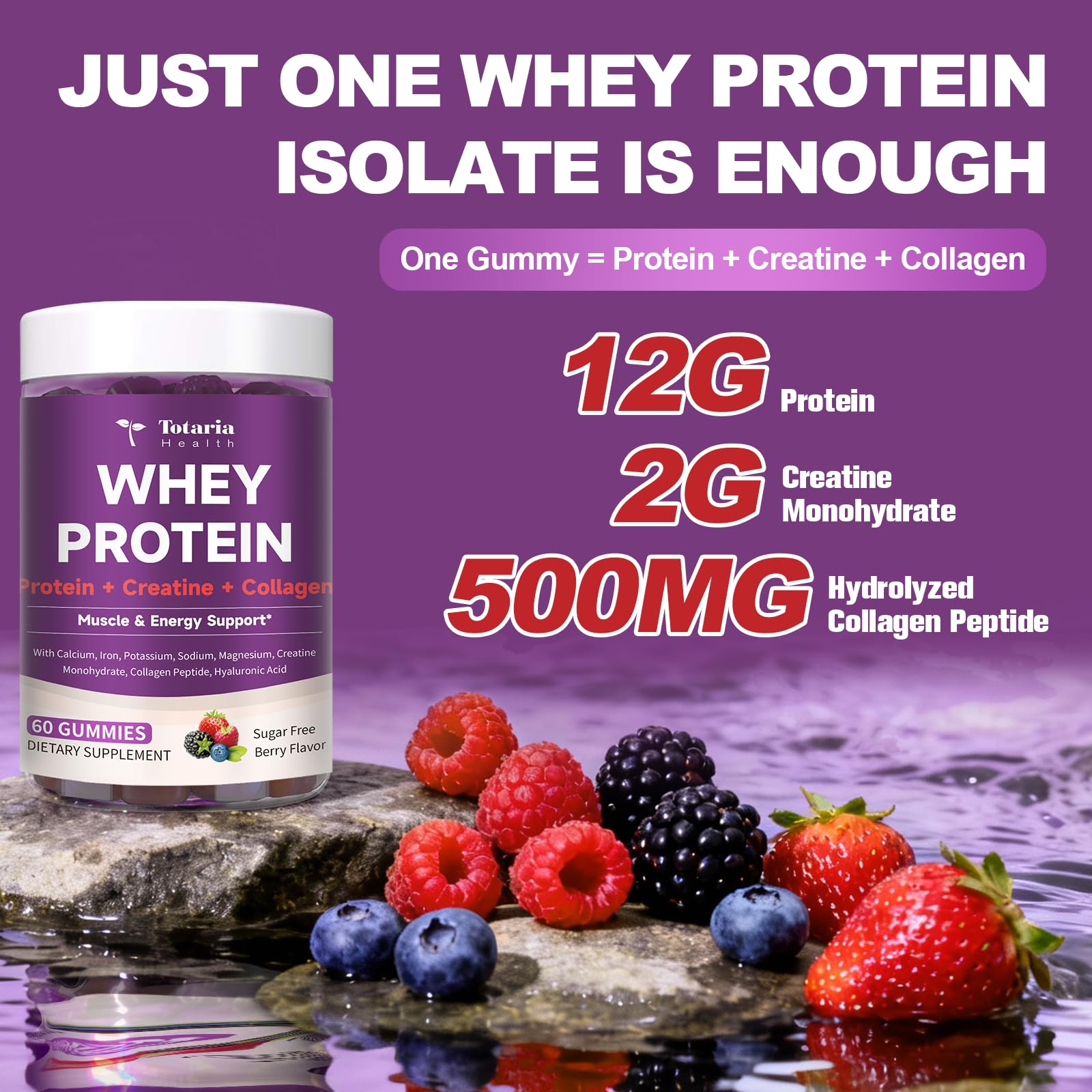 3 in 1 Whey Protein Gummies | Creatine Monohydrate | Collagen, 0 Sugar, Pure Protein Source, Muscle & Energy Support, Berry Flavor, for Women and Men Totaria Au supplements