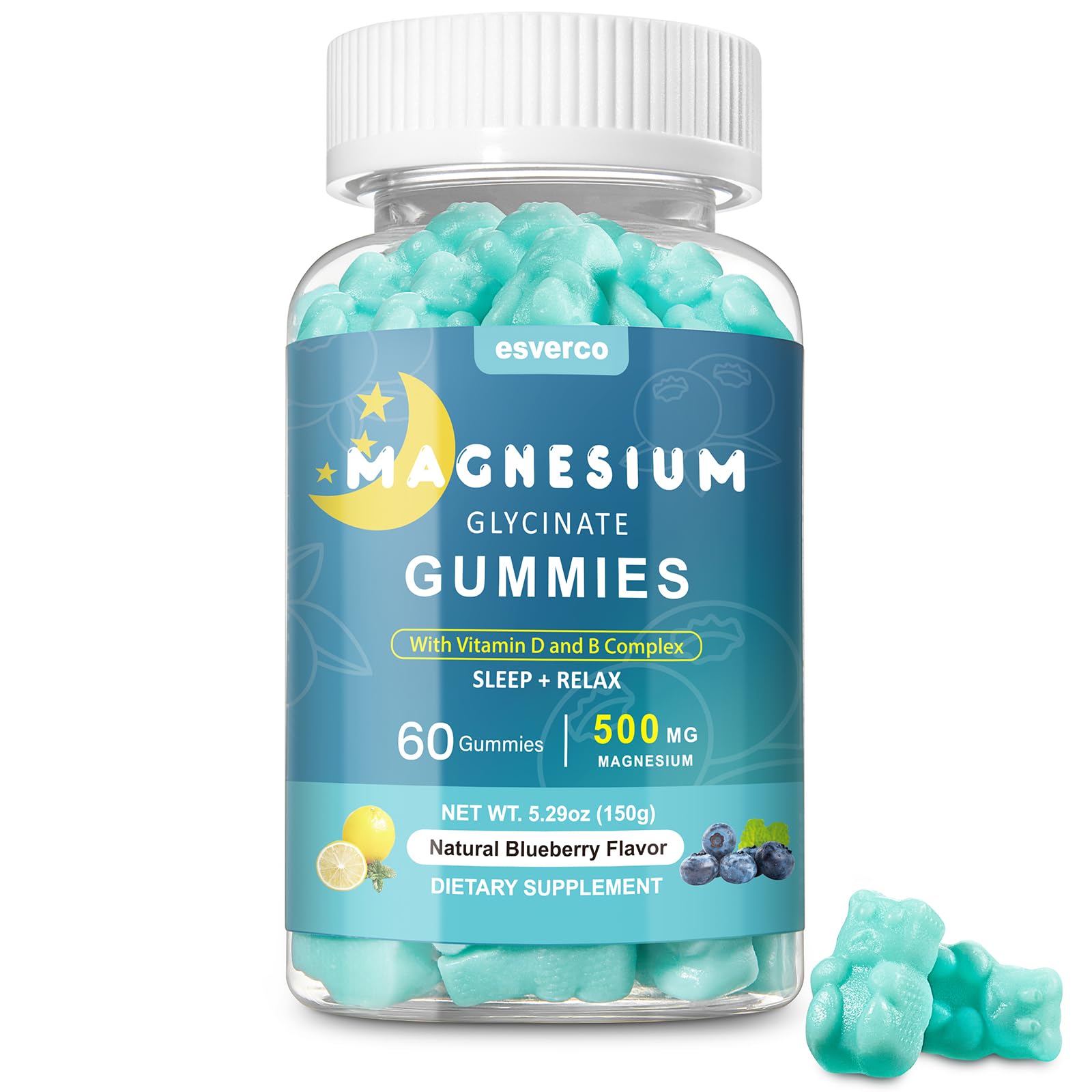 Esverco Magnesium Glycinate Gummies 500mg Sleep for Men & Women Vitamin C, Vegan Promotes Relaxation Muscle, Chewable Magnesium, No Melatonin, Non GMO, Natural Blueberry Flavor, 60 Count esverco Au supplements