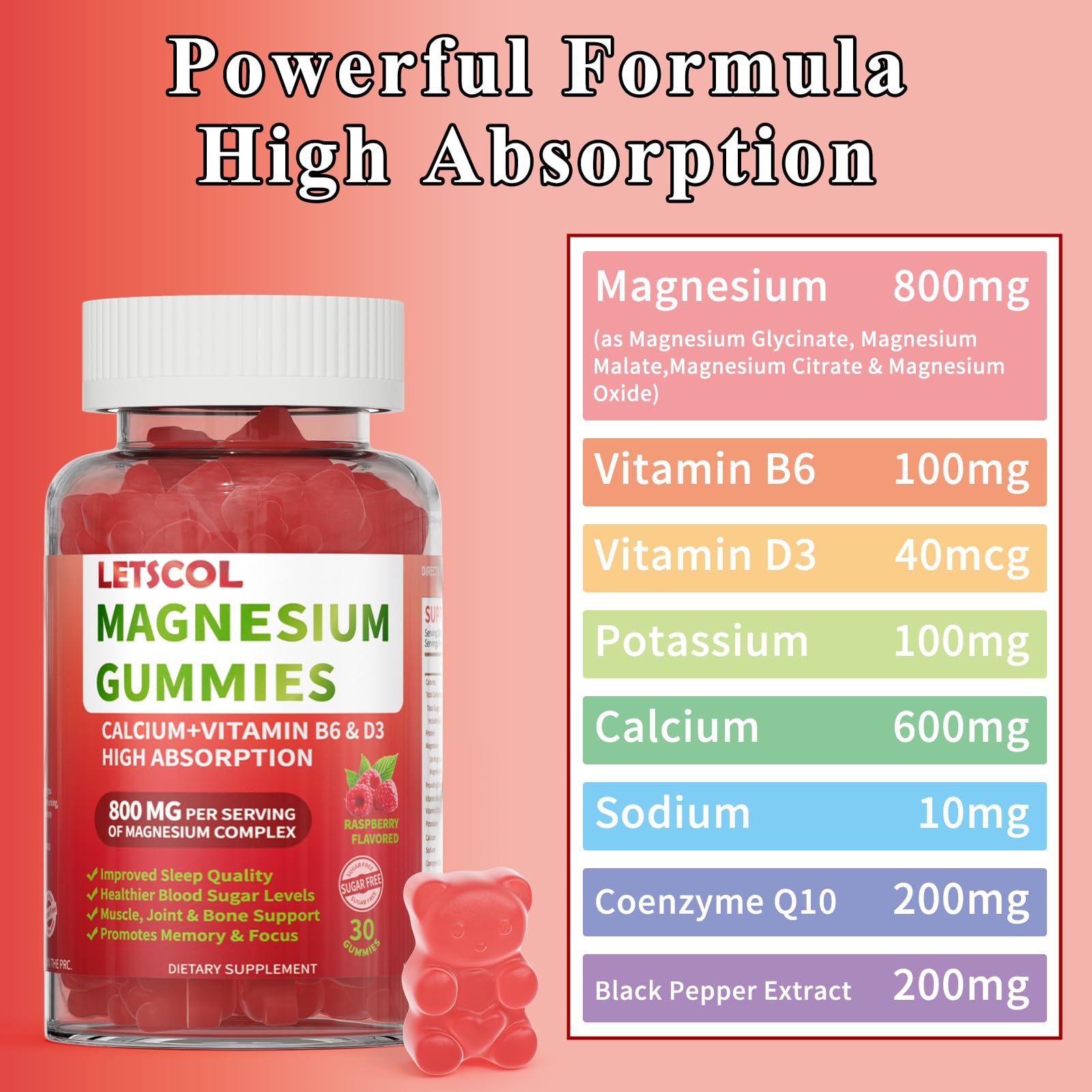 LETSCOL Magnesium Glycinate Gummies 800mg Per Serving, Sugar Free Magnesium Supplement with Magnesium Malate, Calcium, Vitamin D3, B6, CoQ10 for Calm Support & Zzz for Adults Kids LETSCOL Au supplements