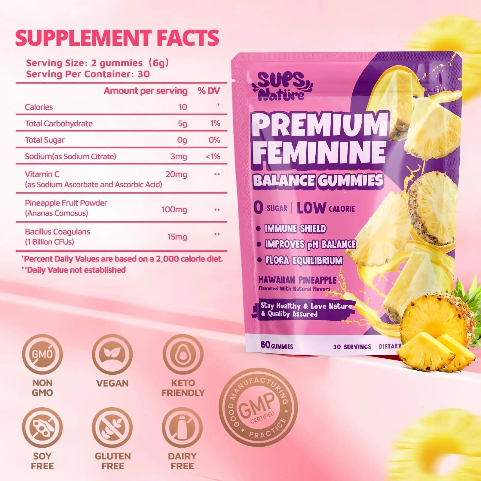 Women's Probiotic Gummies Nutrition Premium Feminine Balance Gummies - Supports pH Balance, Digestion & Immune Health - Hawaiian Pineapple Flavor sups nature Au supplements
