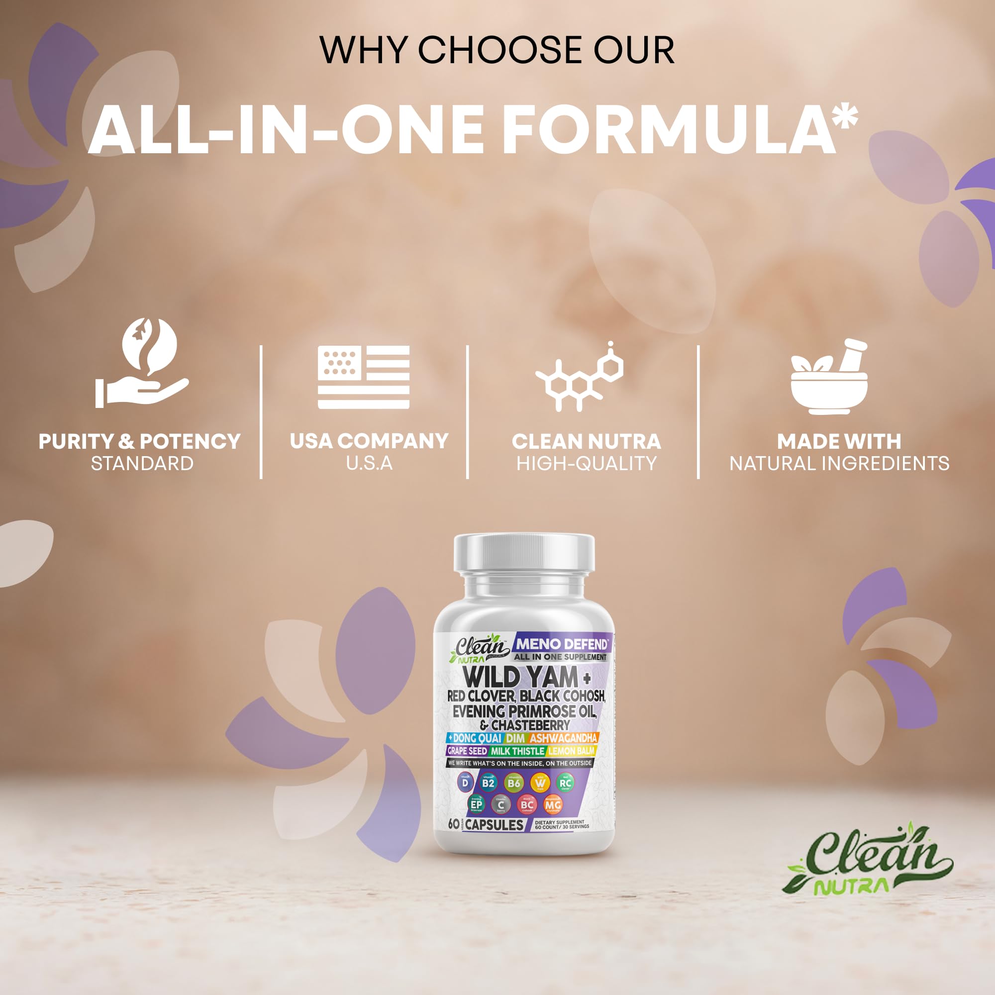 Clean Nutra Wild Yam Root Capsules with Red Clover Black Cohosh Evening Primrose Oil Chasteberry Dong Quai DIM Ashwagandha Grape Seed Extract Milk Thistle Lemon Balm and more Hormone Balance For Women Clean Nutraceuticals Au supplements