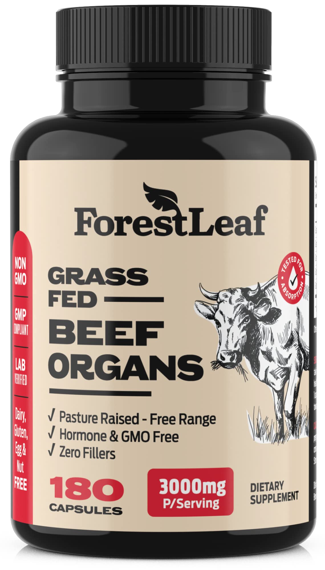 ForestLeaf Beef Organ Supplement - Grass Fed & Pasture Raised - Total Body Wellness & Performance, Organ Complex with 3000mg of Desiccated Beef Liver, Heart, Kidney, Pancreas, Spleen (180 Capsules) ForestLeaf Au supplements
