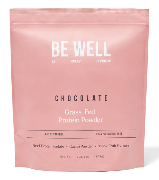 Be Well by Kelly Chocolate Grass-Fed Beef Protein Powder, 24G of Protein & 1G Net Carbs (3 Ingredients, 30 Servings) 9 Amino Acids + 3 BCAAs No Soy, No Dairy, Stevia-Free, No Sugar Added 1.87lb 849g Be Well by Kelly LeVequeUS supplements