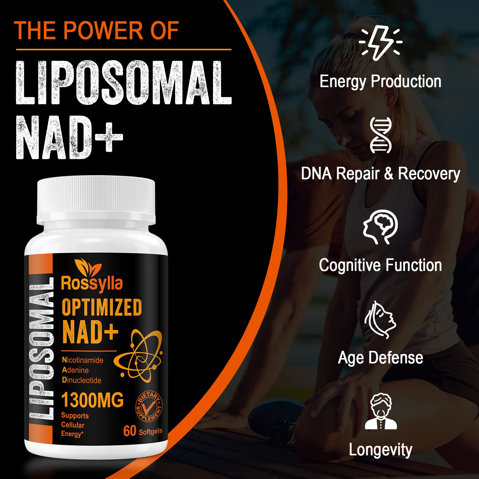 Rossylla 1300 MG Liposomal NAD+ Supplement | Highest Absorption | Purest NAD Supplemet to Boost NAD+ Effetively | Boosting NAD+ Supplement for Aging Defese, Cellular Energy, Longevity | 120 Count Rossylla Au supplements