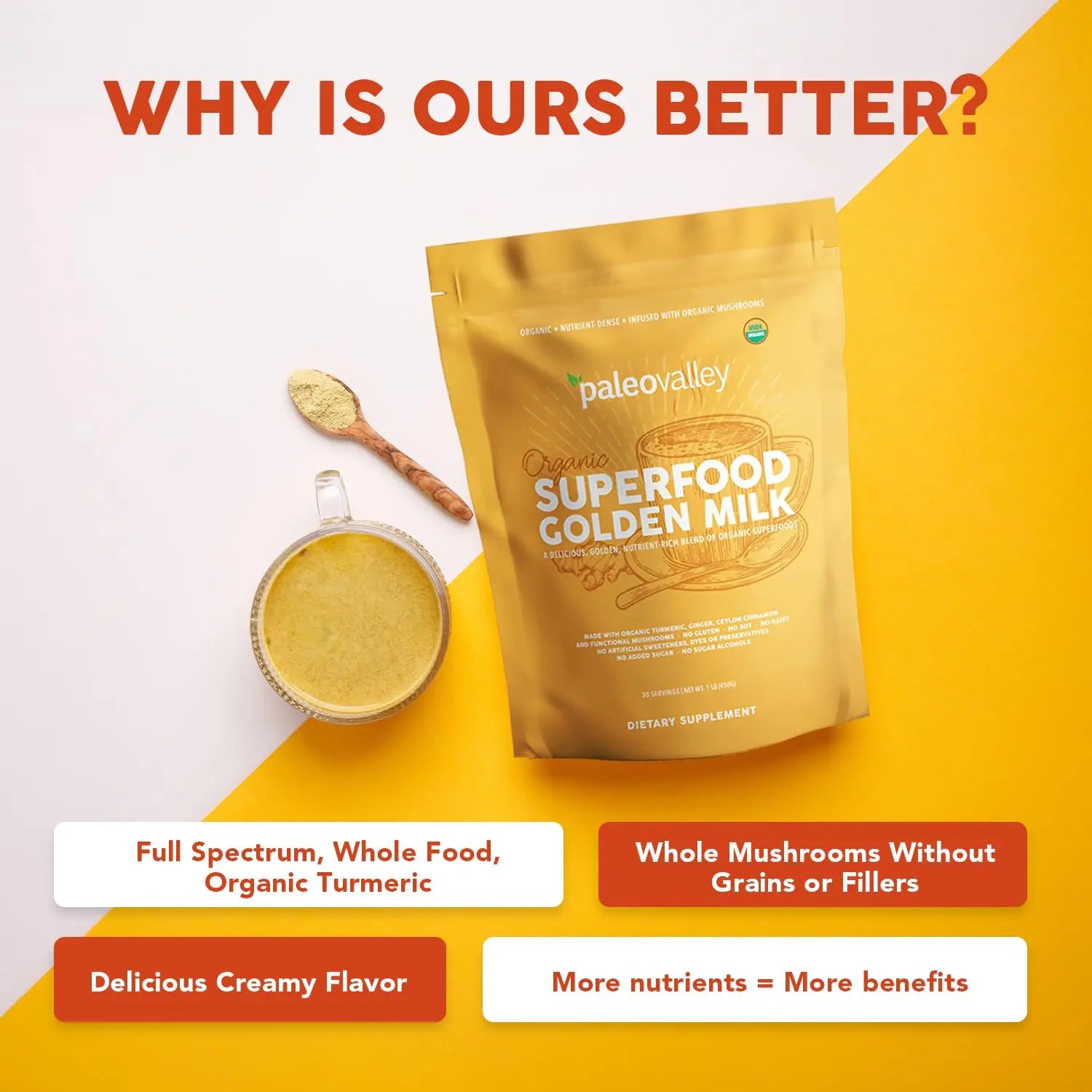 Paleovalley Organic Superfood Golden Milk - Immune, Focus, Cognitive, Longevity - Turmeric, MCT-Rich Coconut Milk, Functional Mushrooms, 30 Servings Paleovalley Au supplements