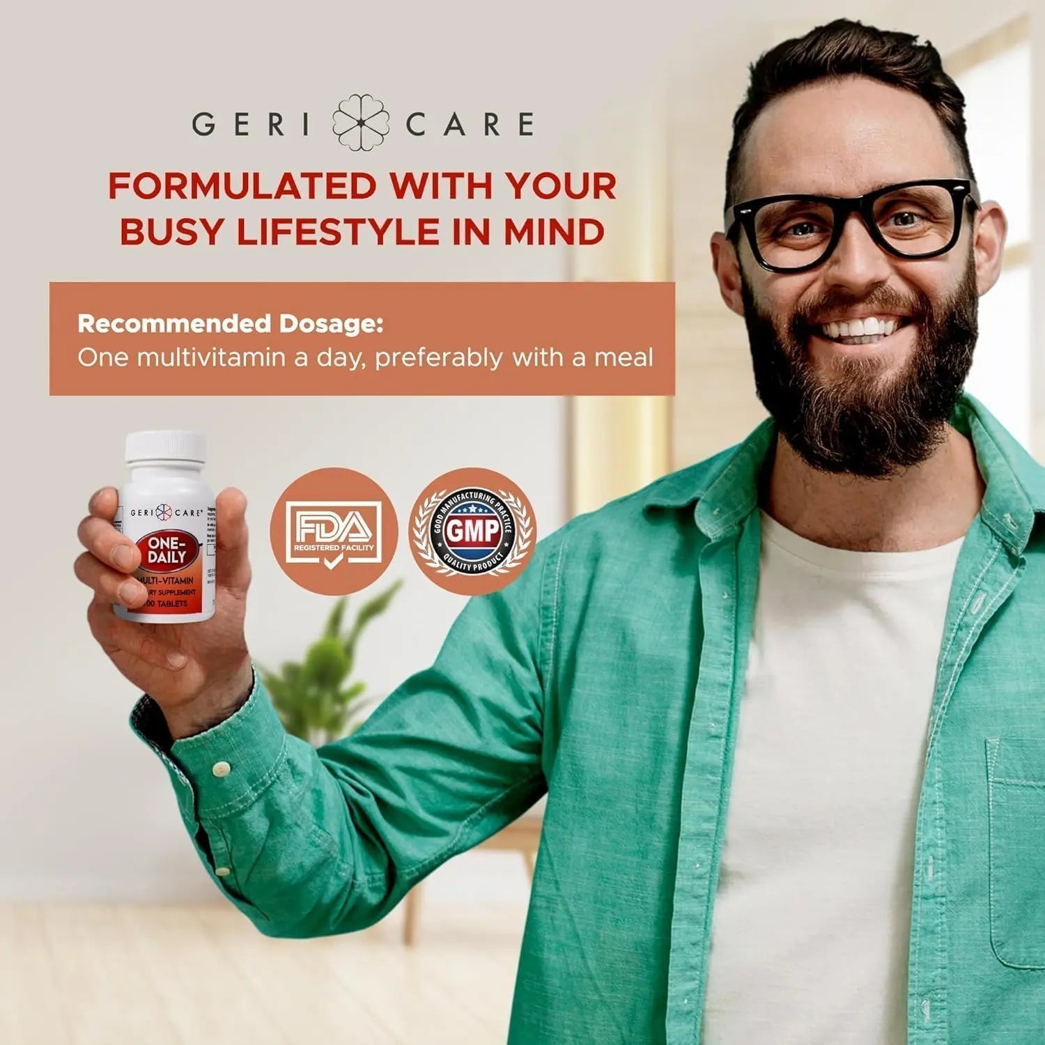 GeriCare One-Daily Multi-Vitamin Tablet, 100 Count Adult Multivitamin Supplement | Easy-to-Take Dietary Supplement with Vitamins A, C, D3, B, Calcium GeriCare Au supplements