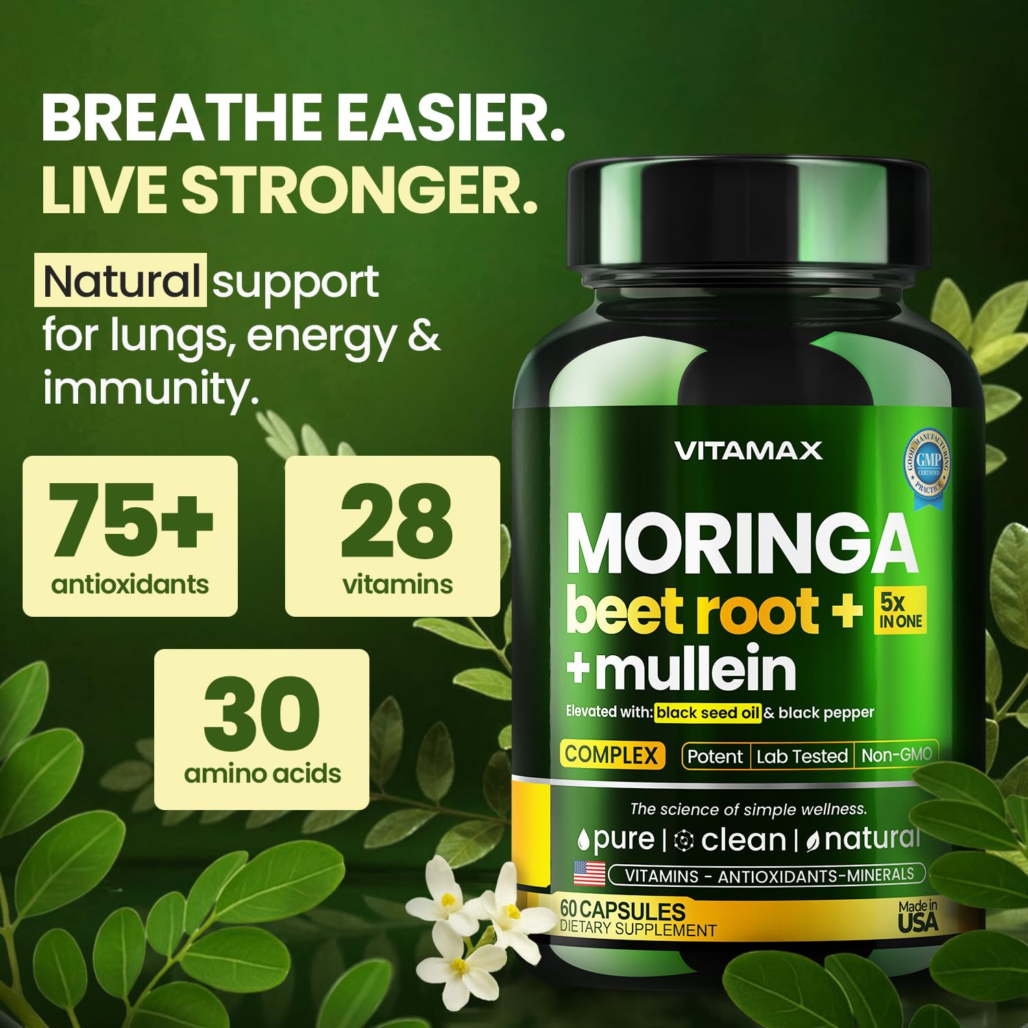 Moringa Capsules, Beet Root, Mullein Leaf - Energy, Skin, Immune Supplement Superfood, Rich in Antioxidants, Minerals & Essential Vitamins - High Absorption Non-GMO - Made in USA - 60ct Vitamax Au supplements