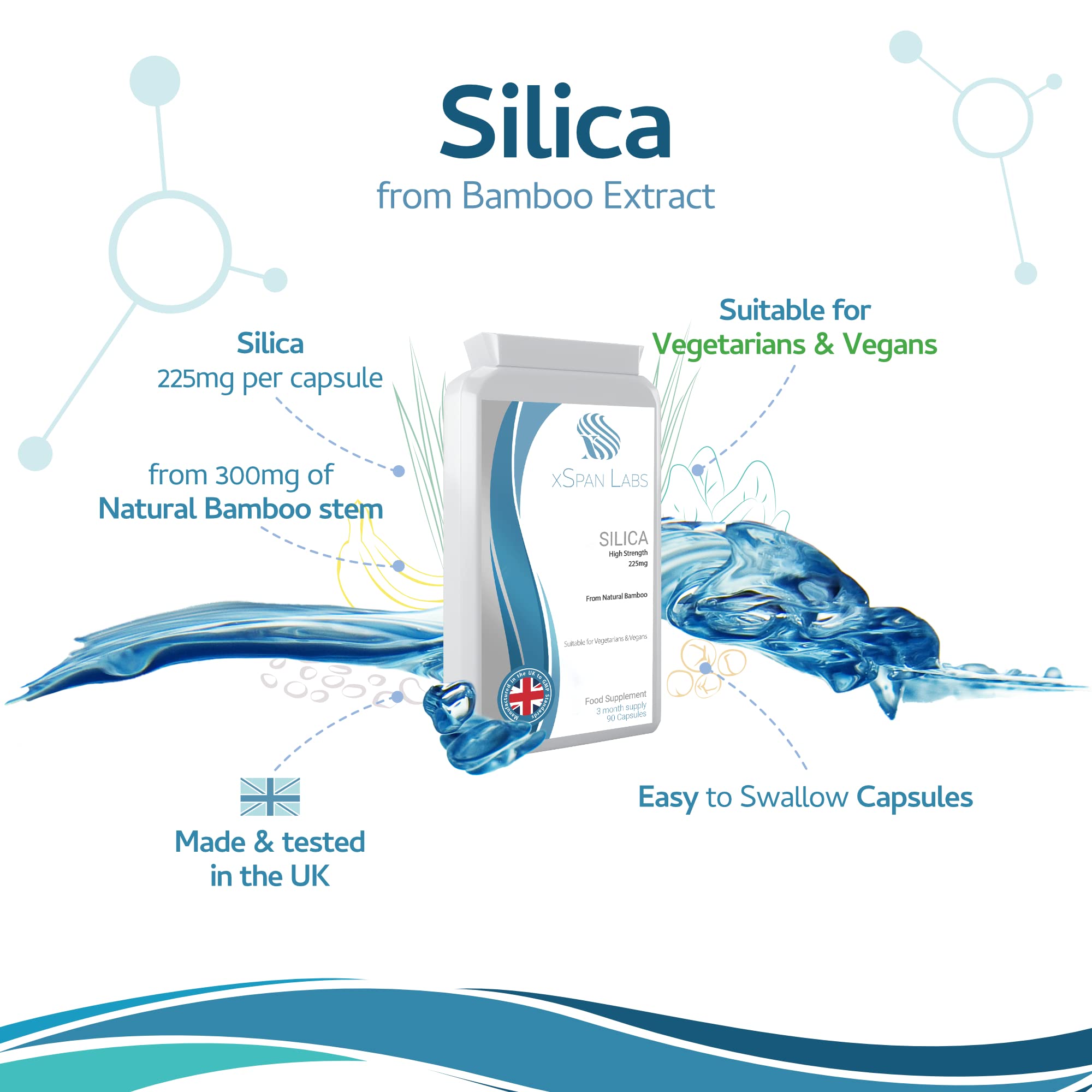 Silica 225mg – 90 Capsules - A Potent Highly Bioavailable Form - Naturally Sourced from Bamboo Extract - One-A-Day Vegan Capsules to Support Healthy Hair, Nails and Skin - Made in The UK Xspan Labs Au supplements