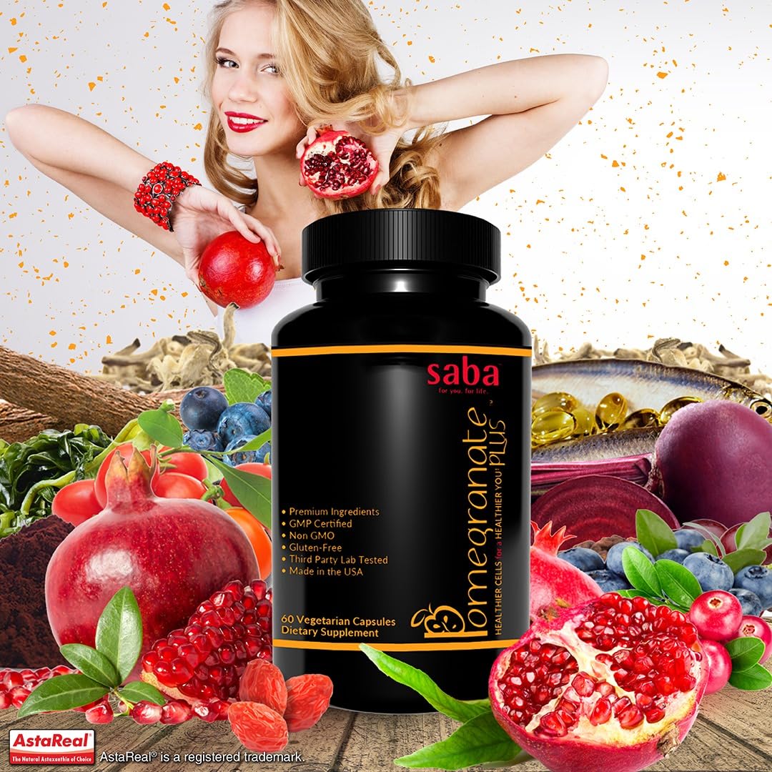 Saba Pomegranate Plus – Antioxidant Supplement with Astaxanthin & Adaptogens | Immune, Skin, Heart & Brain Support | Daily Stress & Cellular Wellness | 60 Capsules Saba Au supplements