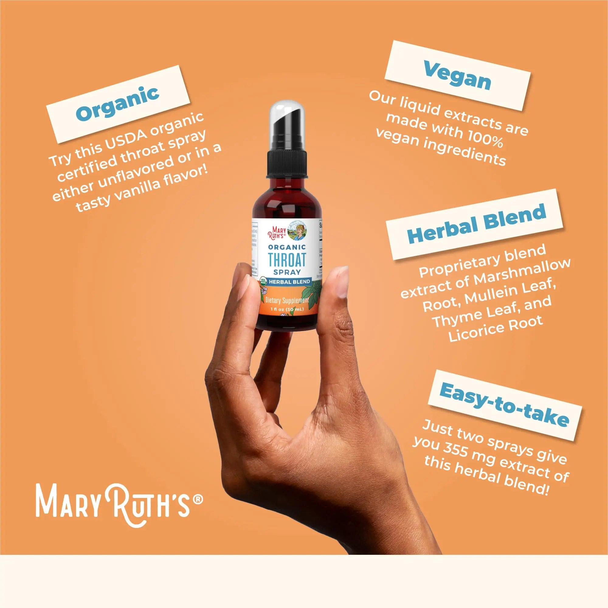 MaryRuth Organics USDA Organic Throat Spray with Mullein Leaf | Marshmallow Root & Licorice Root & Thyme Leaf | 4 Herbal Blend | Non-GMO | Vegan | Gluten Free | 1 Fl Oz | Up to 100 Servings MARYRUTH'S Au supplements