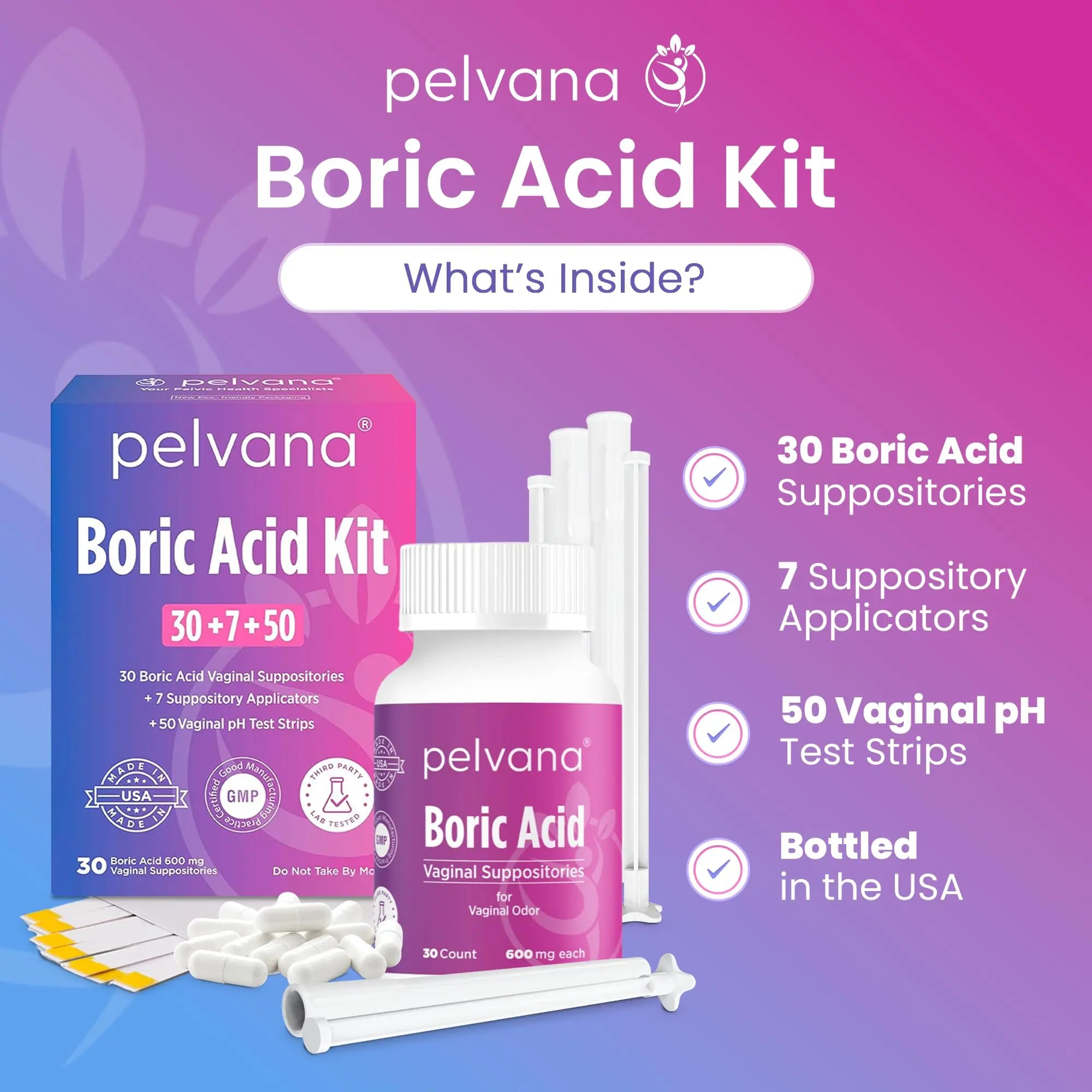 Pelvana Boric Acid Suppositories for Women 30 + 7 Applicators + 50 pH Test Strips, Total of 87 Piece Kit for Vaginal Odor - Third-Party Verified & Bottled in The USA - Feminine Health Odor Solution Pelvana Au supplements