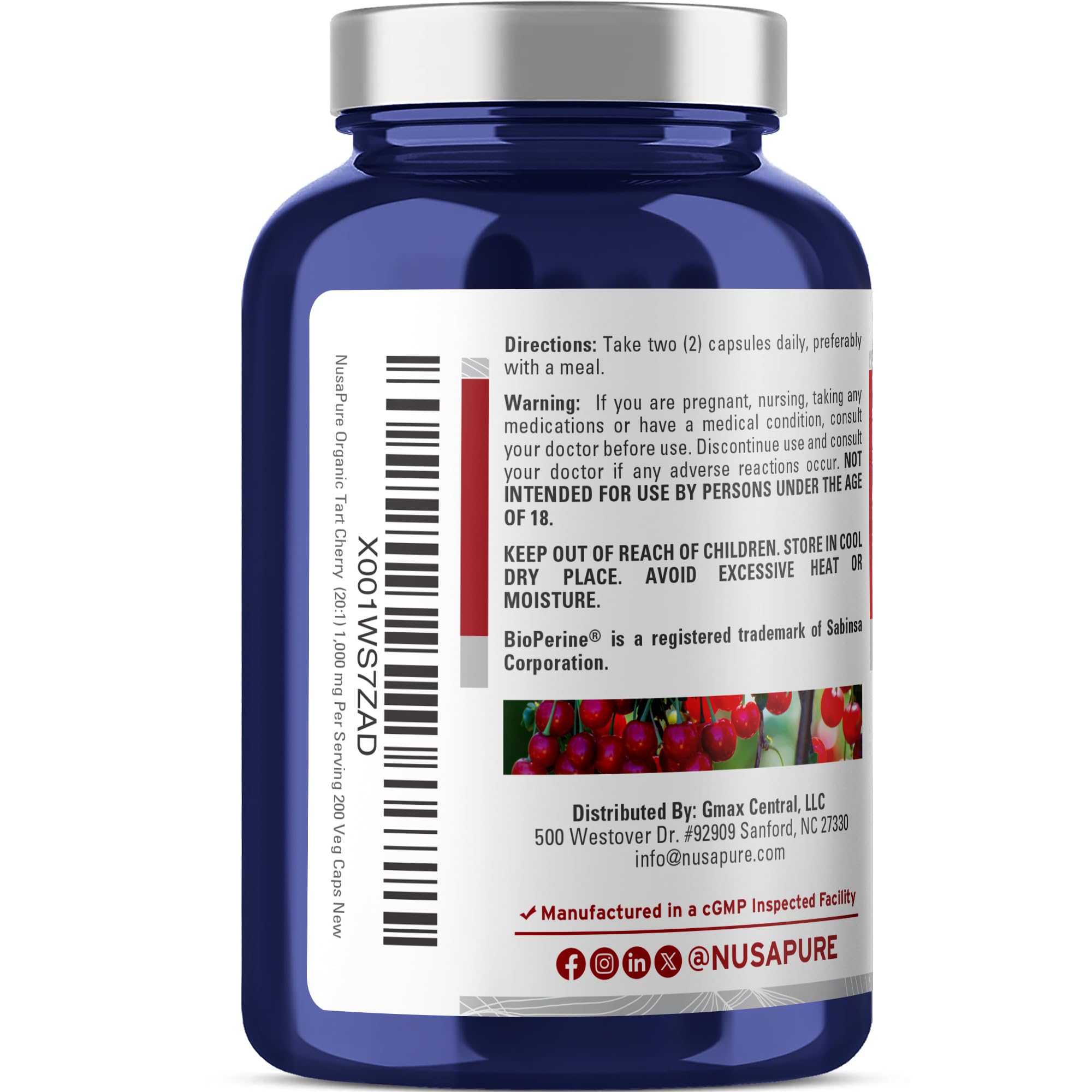 NusaPure Organic Tart Cherry 20:1 Extract, 1000 mg Equivalent to 20,000 mg 200 Veggie Caps (Vegan, Non-GMO) Bioperine NusaPure Au supplements