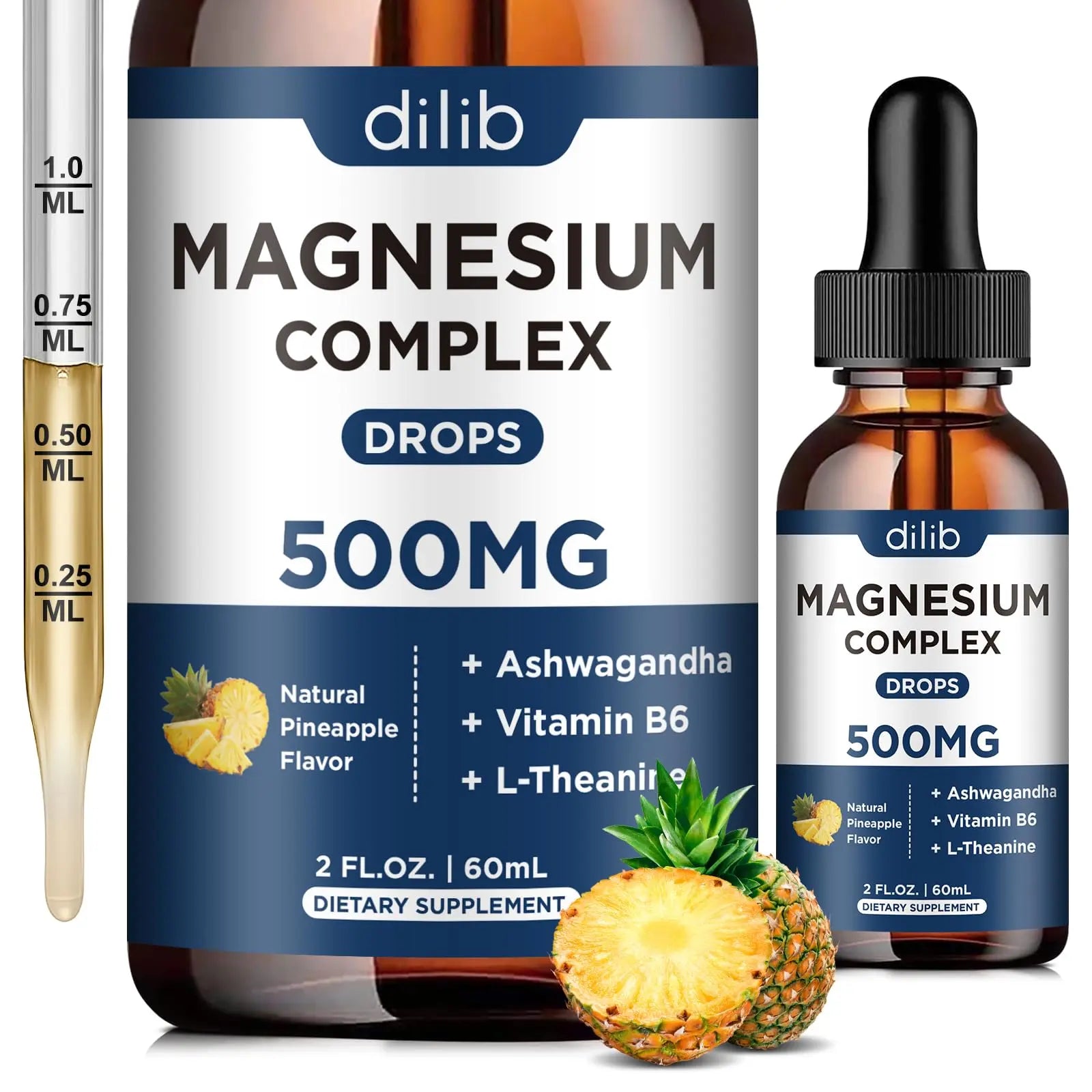 Triple Magnesium Complex Supplement-Magnesium Glycinate, Citrate, Malate Liquid Drops 500mg with Ashwagandha, L-Theanine, Vitamin B6 for Calm, Stress Relief, Sleep, Muscle Support-Pineapple Flavor dilib Au supplements
