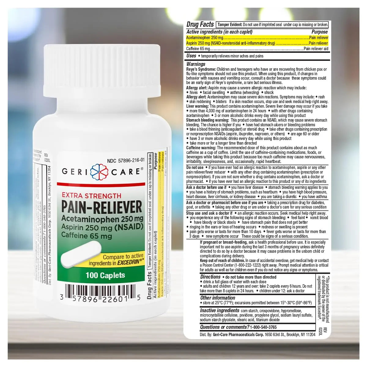GeriCare Pain Reliever Extra Strength Caplets – 100 Count – Acetaminophen 250mg, Aspirin 250mg (NSAID), Caffeine 65mg – Powerful Triple-Action Formula for Headaches, Migraines & Minor Aches (2 Pack) GeriCare Au supplements