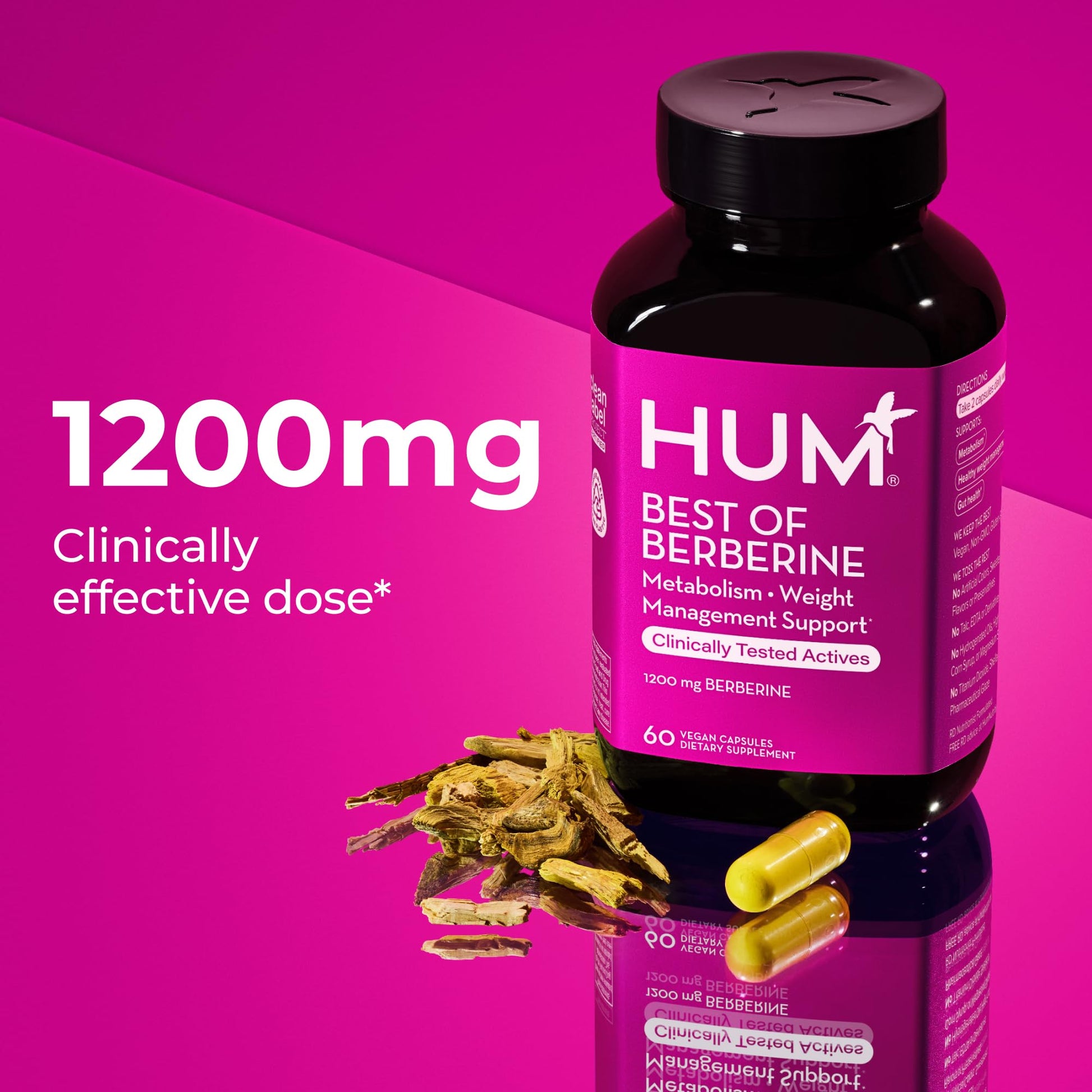 HUM Best of Berberine Supplement 1200mg, Pure Potency for Metabolic Wellness, Gut Health, Pure Berberine Supplements Enhanced with BioPerine for Maximum Absorption, 60 Capsules HUM Au supplements