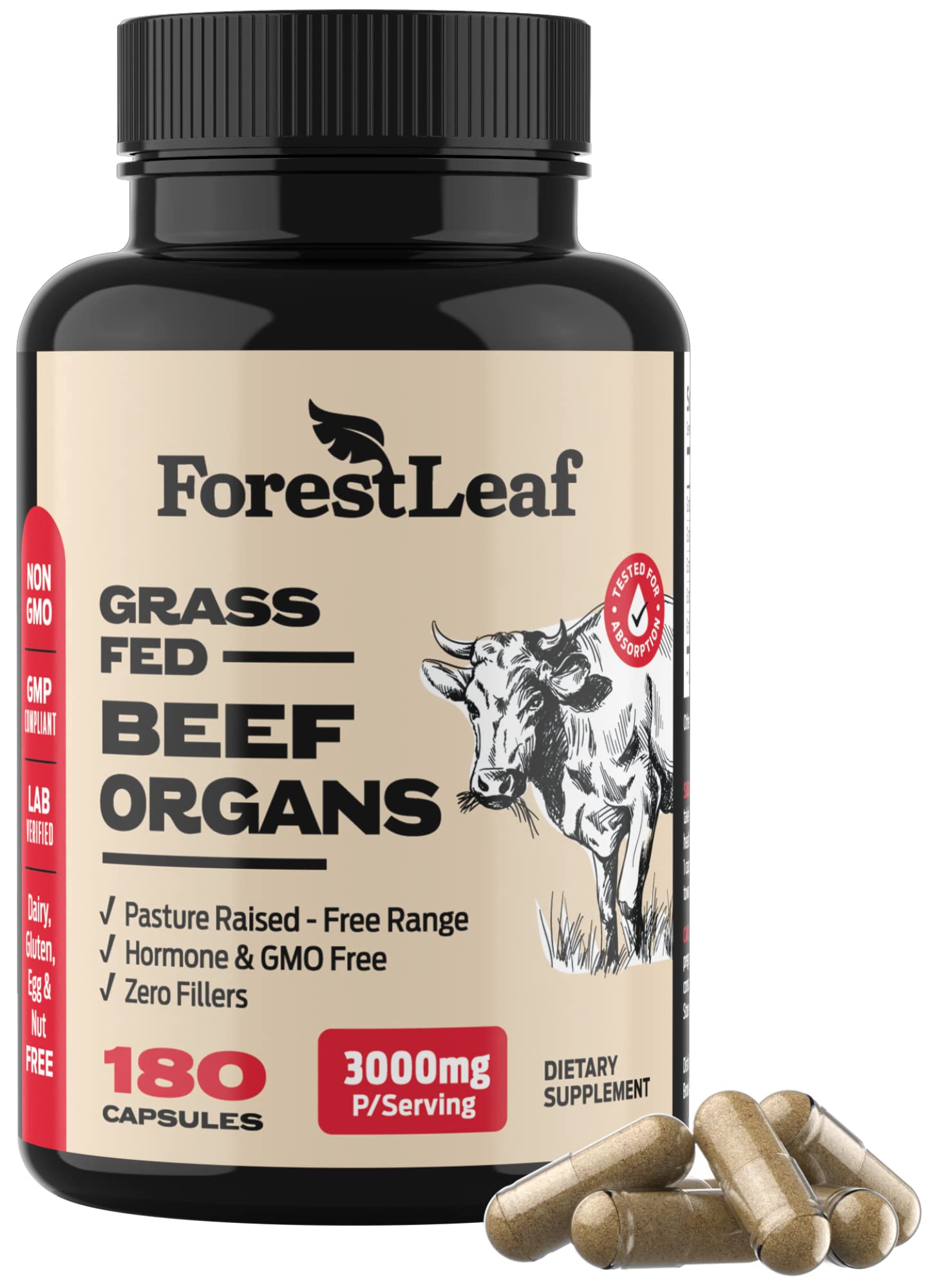 ForestLeaf Beef Organ Supplement - Grass Fed & Pasture Raised - Total Body Wellness & Performance, Organ Complex with 3000mg of Desiccated Beef Liver, Heart, Kidney, Pancreas, Spleen (180 Capsules) ForestLeaf Au supplements