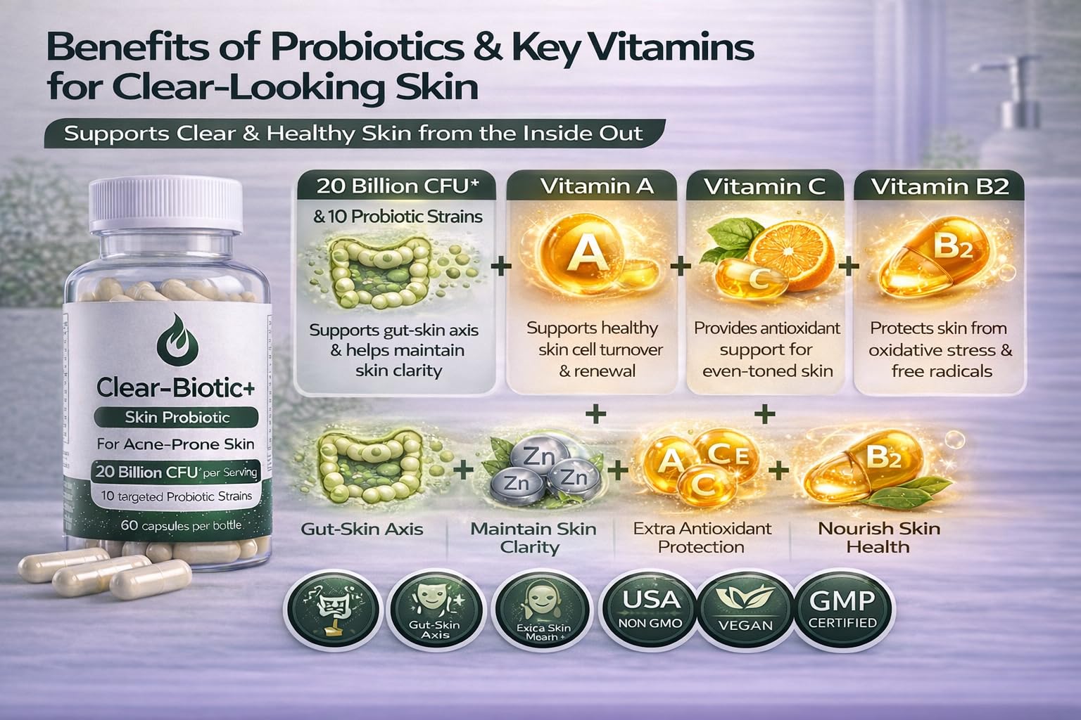 Acne Pills Probiotic Acne Supplements for Teens & Adults - Hormonal Acne Vitamins, Gut Health for Clear Skin, Non-GMO (60 Capsules) Gut Skin Axis Clear-Biotic Au supplements