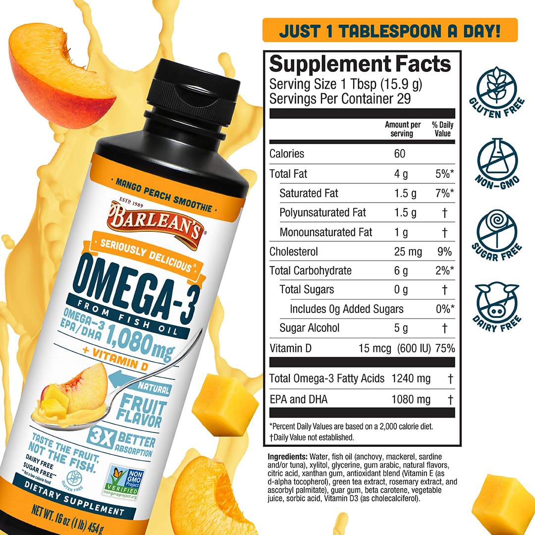 Barlean's Omega 3 Fish Oil Liquid Supplement with Vitamin D for Men and Women, 1080mg of EPA and DHA Fatty Acid, Promotes Brain & Heart Health - Non-GMO, Mango Peach, 16 oz Barlean's Au supplements