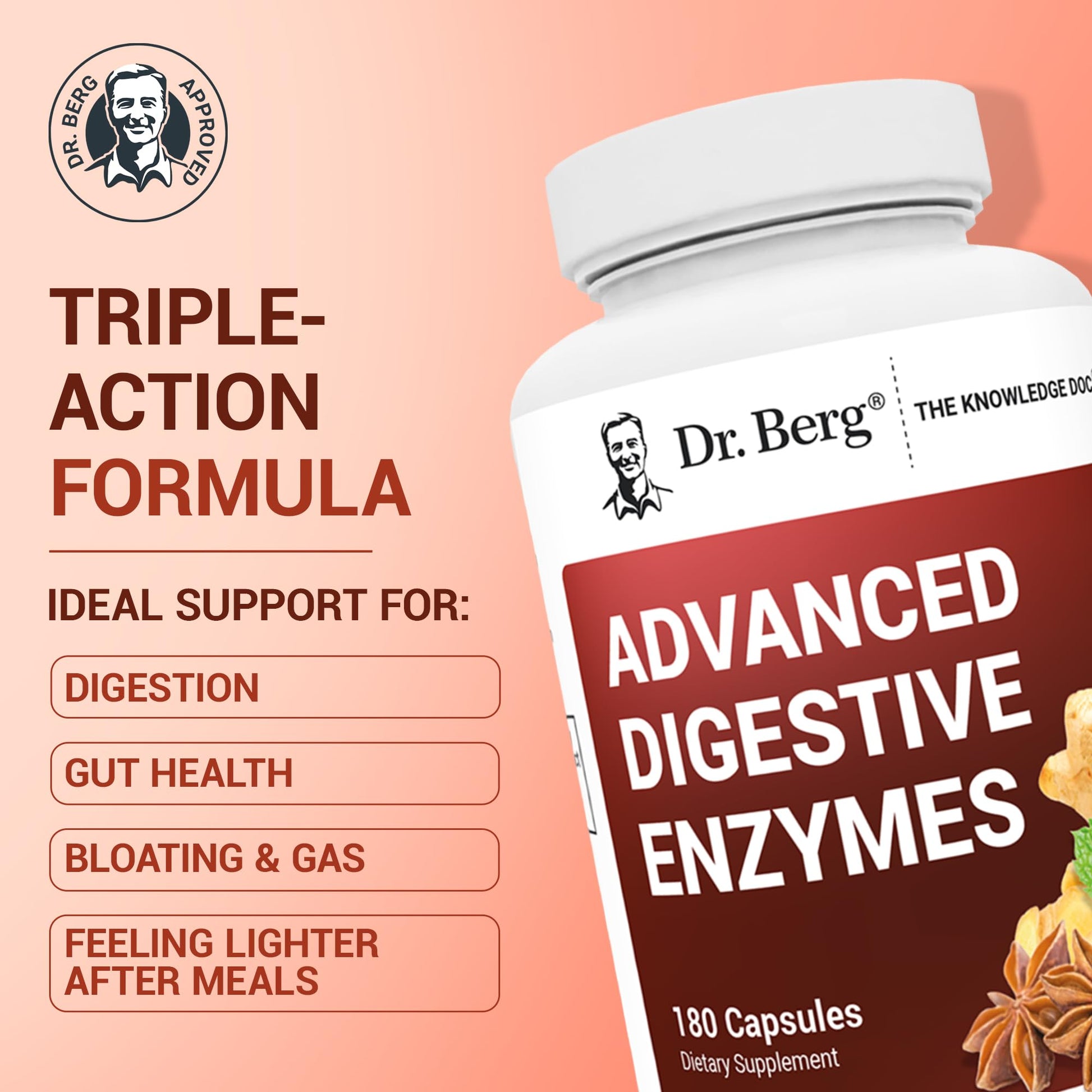 Dr. Berg Advanced Digestive Enzymes with Apple Cider Vinegar - Includes Digestive Health Ingredients Like Betaine Hydrochloride (HCI), Ginger Root & Peppermint Leaf - 180 Capsules Dr. Berg Nutritionals Au supplements