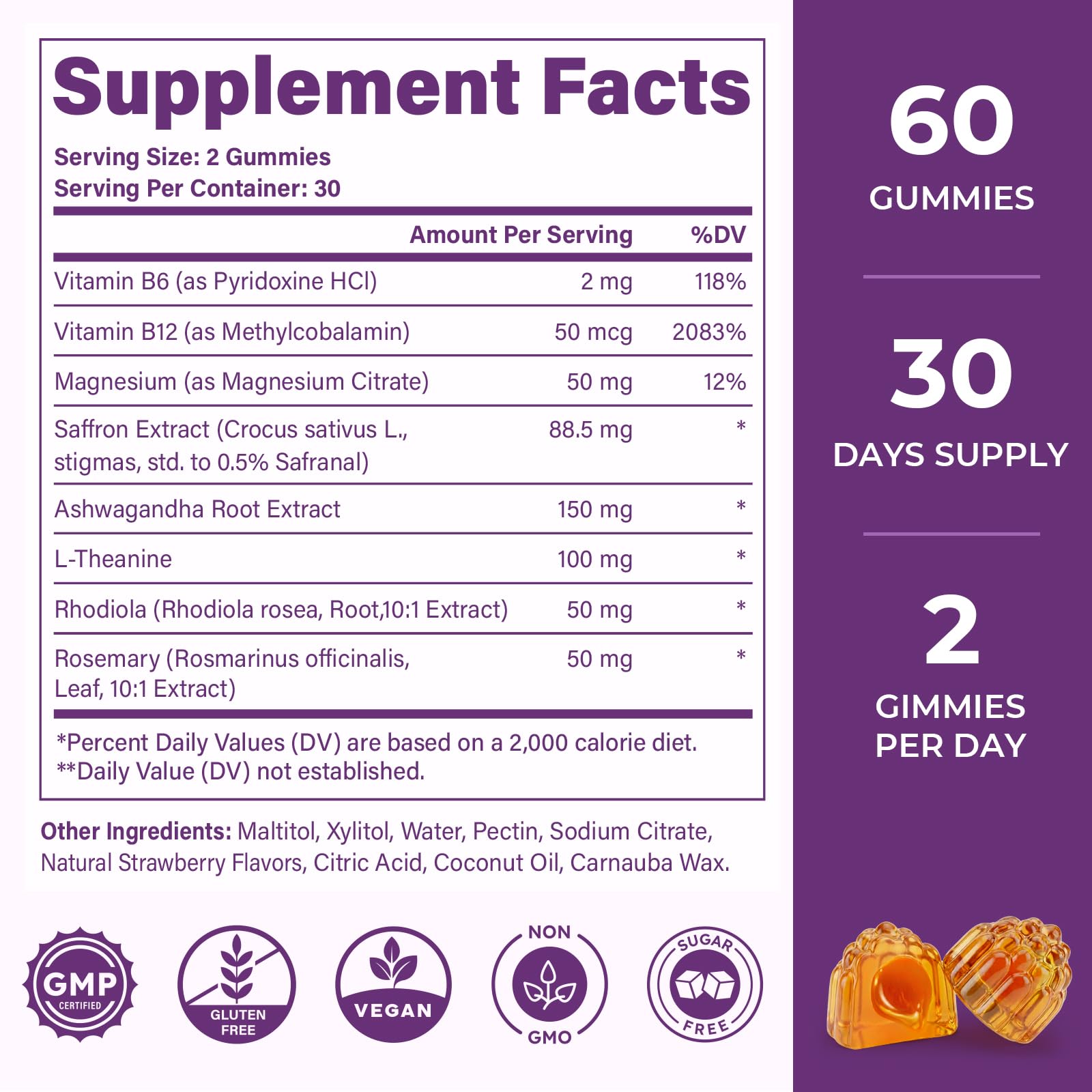 Saffron Supplements Gummies, 88.5mg Pure Saffron Extract with Ashwagandha L-Theanine Rhodiola Rosemary Magnesium Vitamin B6 B12 for Mood Focus Support Adults Kids - 60 Count VEGETUSMAX Au supplements