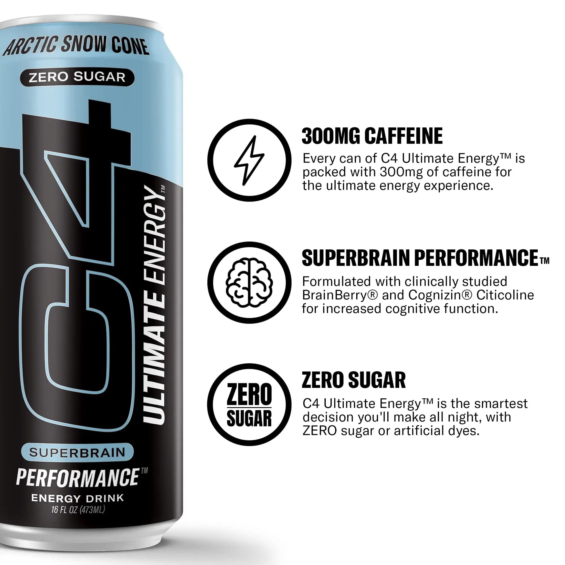 C4 Ultimate Sugar Free Energy Drink 16oz (Pack of 24) | Arctic Snow Cone | Pre Workout Cellucor uk supplements