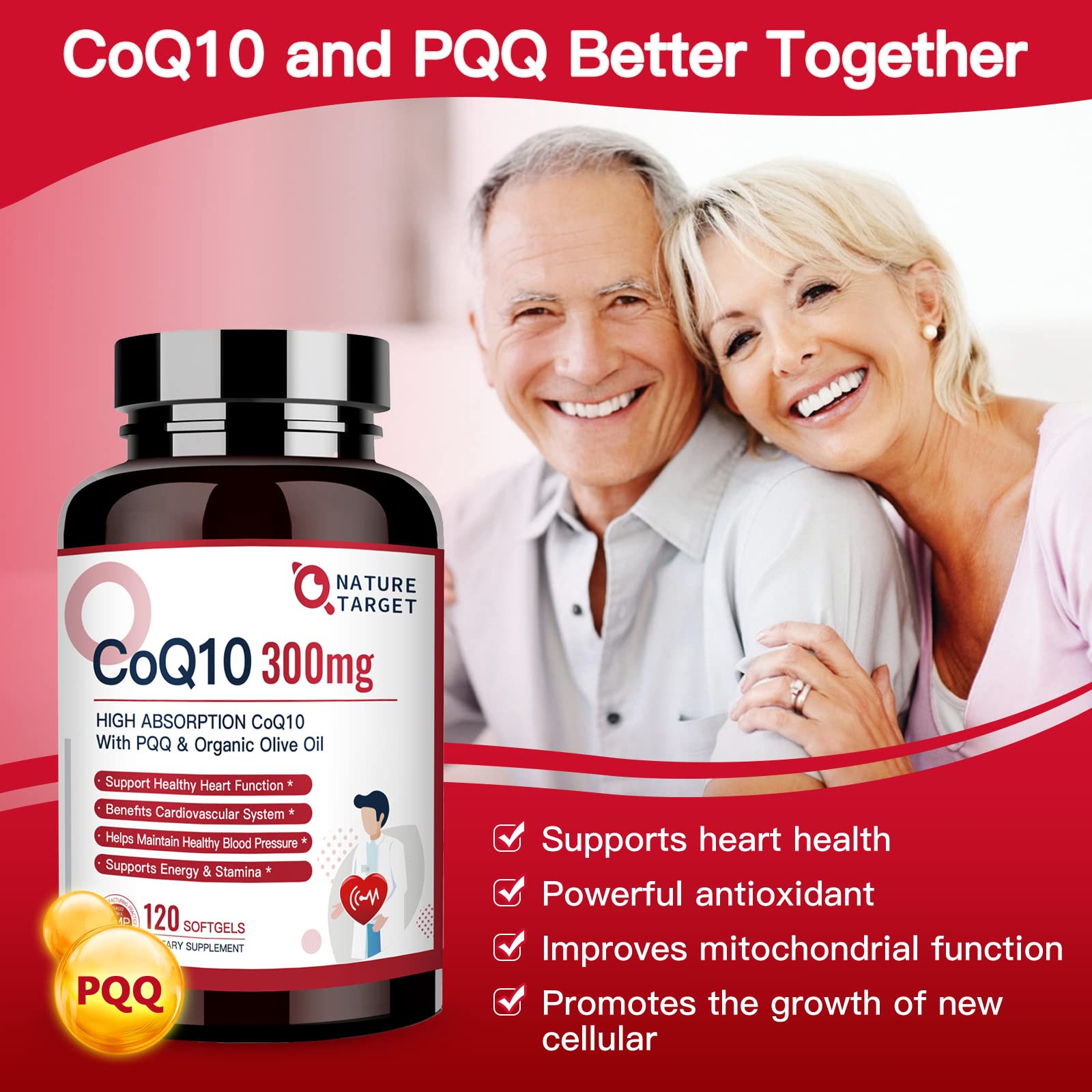 NATURE TARGET CoQ10-300mg-Softgels + PQQ with Organic-Olive-Oil - High Absorption NATURE TARGET Au supplements