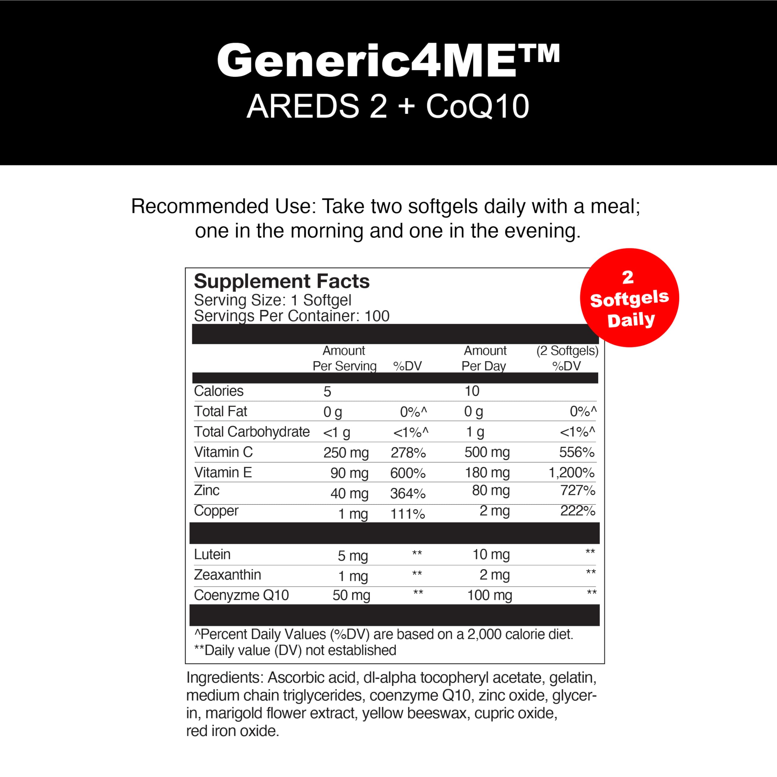 Generic4ME AREDS 2 SoftGels, 100 mg CoQ10 for Heart Health, 500 mg Vitamin C, 400 IU Vitamin E, 10 mg Lutein, 2 mg Zeaxanthin, 80 mg Zinc, 2 mg Copper - Supports Eye Health - 100 Mini SoftGels Generic4ME Au supplements