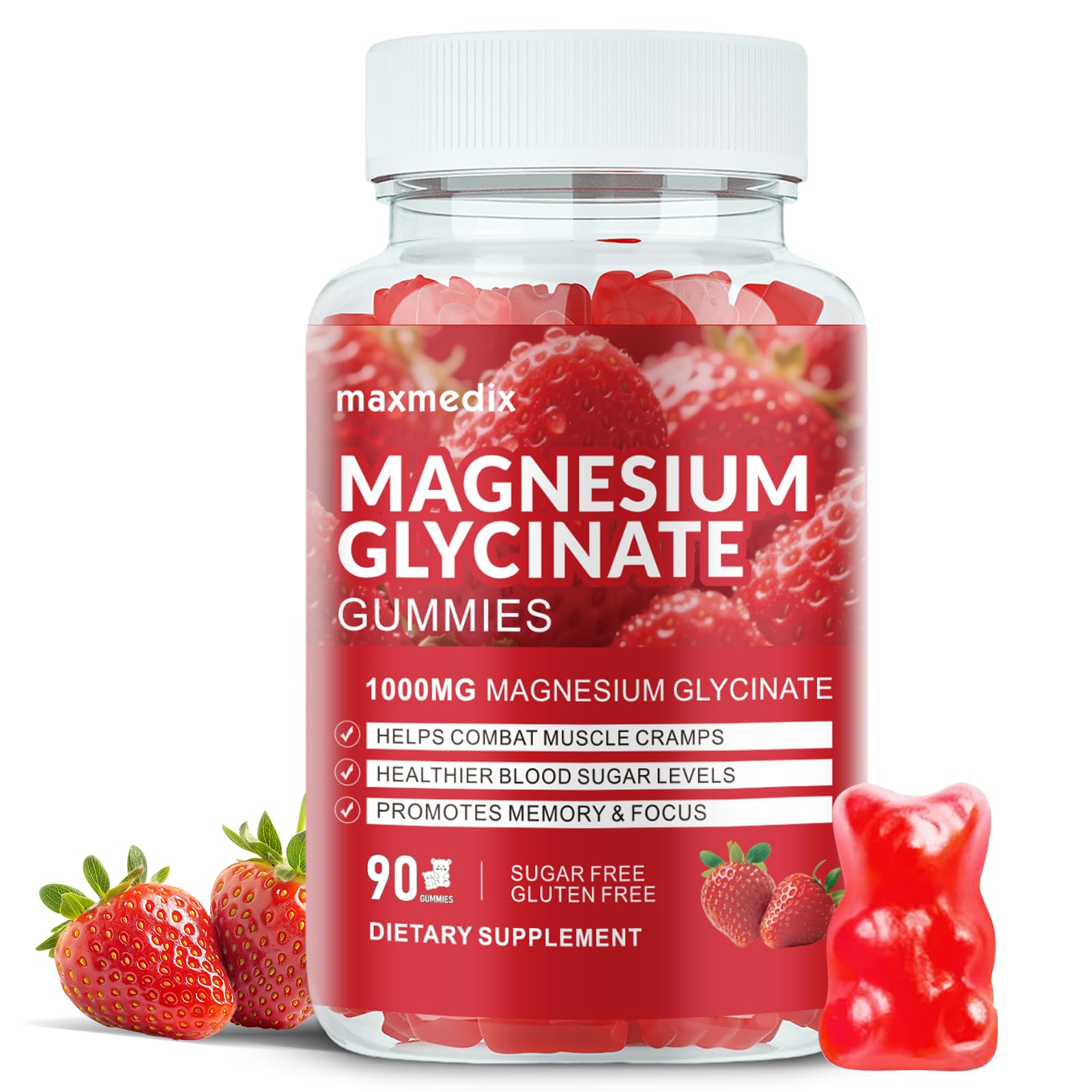 Magnesium Glycinate Gummies 1000mg, Sugar Free Magnesium Potassium Supplements Chewable for Adults with L-Threonate for Sleep, Body Support and Relaxation,90 Strawberry Gummies maxmedix Au supplements