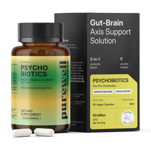 PUREWELL SCIENCES Psychobiotics – Advanced 3-in-1 Probiotic Prebiotic Postbiotic Supplement for Gut and Mood Support - 60 Vegan Probiotic Capsules – 50 Billion CFU – 1-Month Supply PUREWELL SCIENCESAU supplements