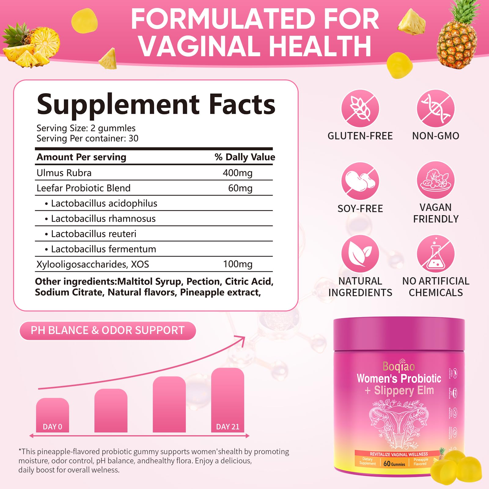 Feminine Probiotics Gummies with Slippery Elm - 60 Pineapple Gummies for Women ph Balance, Vaginal Probiotics Supports Flora, Gut Health & Immune System, Prebiotics & Lactobacillus Blend (Pineapple) Boqiao Au supplements