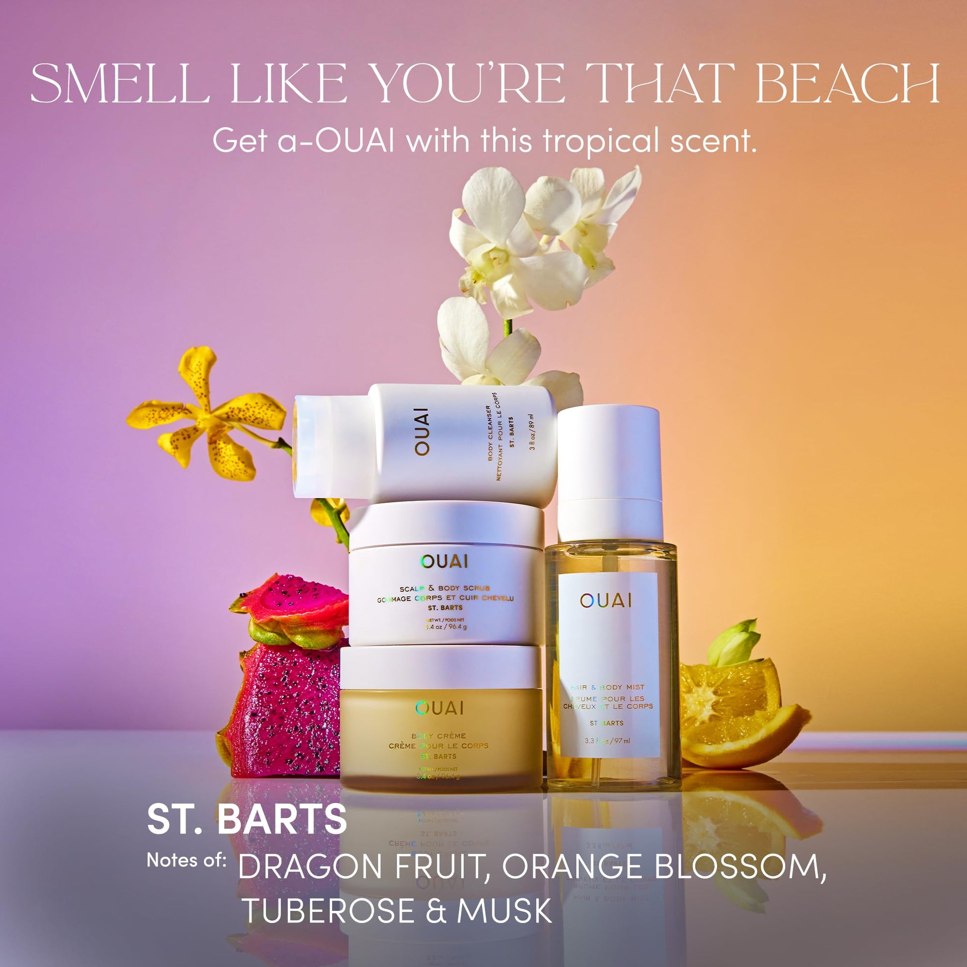 OUAI St. Barts Travel Bundle - Includes Travel Size Scalp & Body Scrub, Foaming Shower Gel, Hydrating Cream, and Hair & Body Mist (4 Count, 3.4 Oz/3.4 Oz/3 Oz/3.3 Oz) OUAI Au supplements