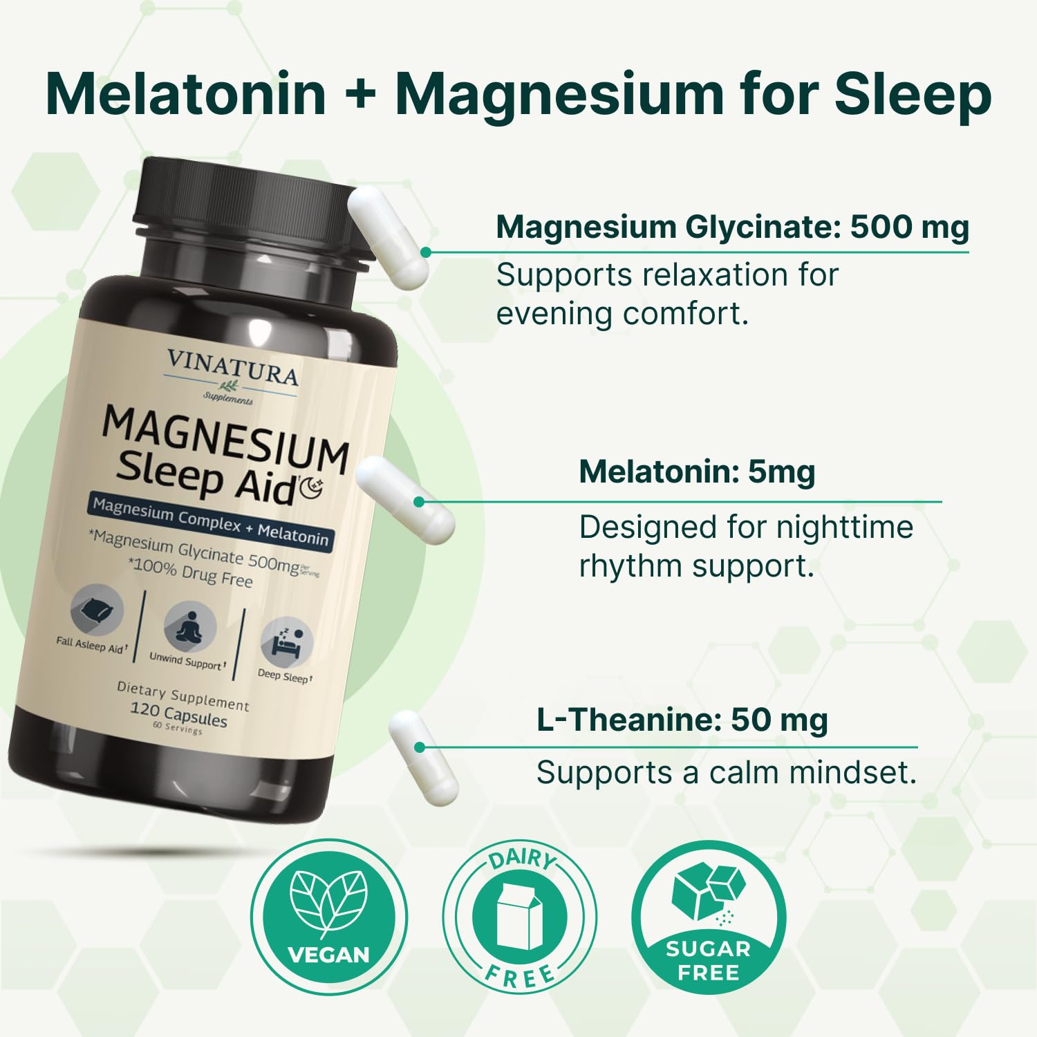 Magnesium Sleep Aid - Magnesium Glycinate Complex for Sleep with Melatonin Supplement - Glycinate 500mg, L-Theanine - 120 Capsules VINATURA Au supplements
