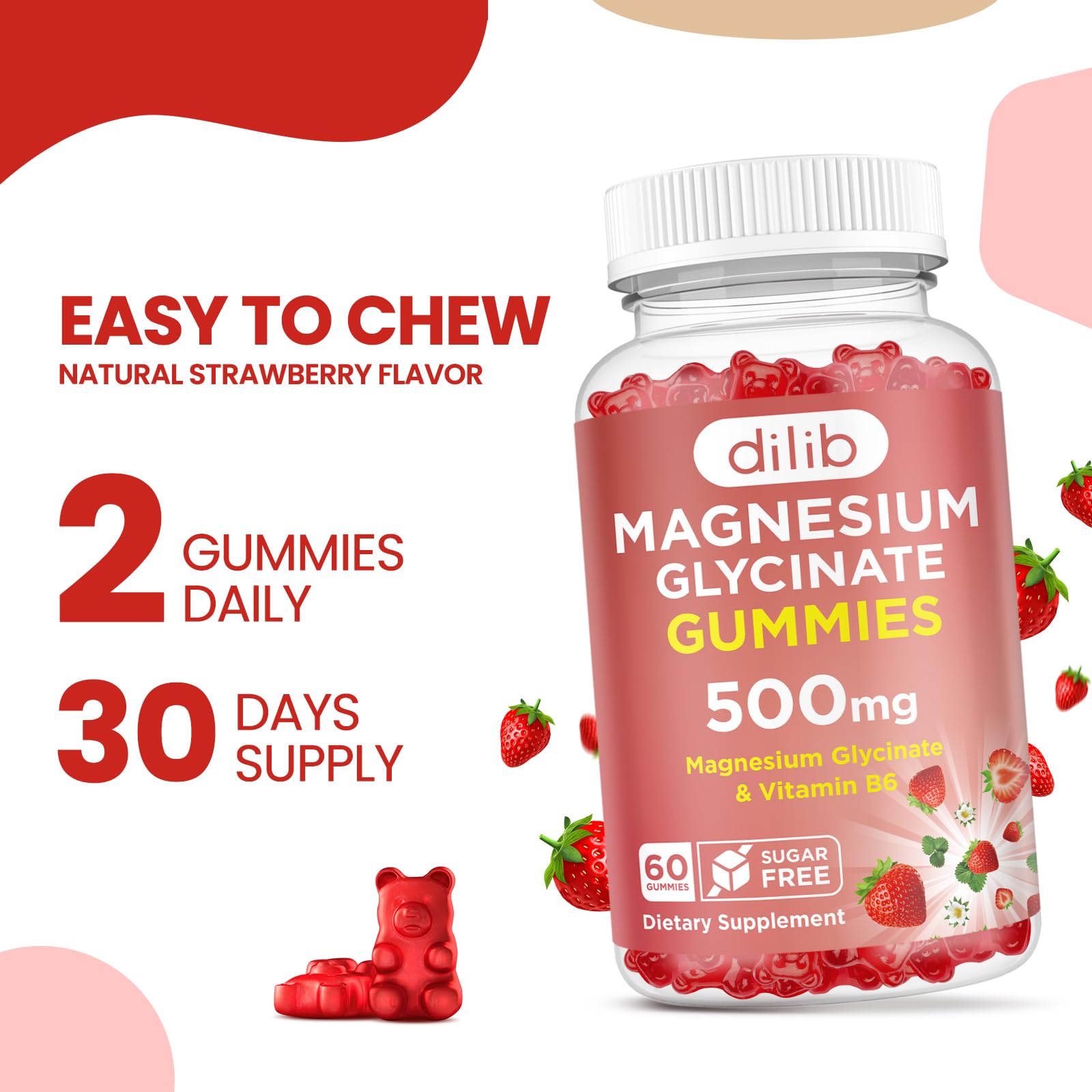 Magnesium Glycinate Gummies 500mg - Magnesium Supplement with Vitamin B6 for Adults & Magnesium for Kids - Calm Magnesium for Sleep, Mood, Muscle Support - Strawberry Flavor, 60 Gummies dilib Au supplements