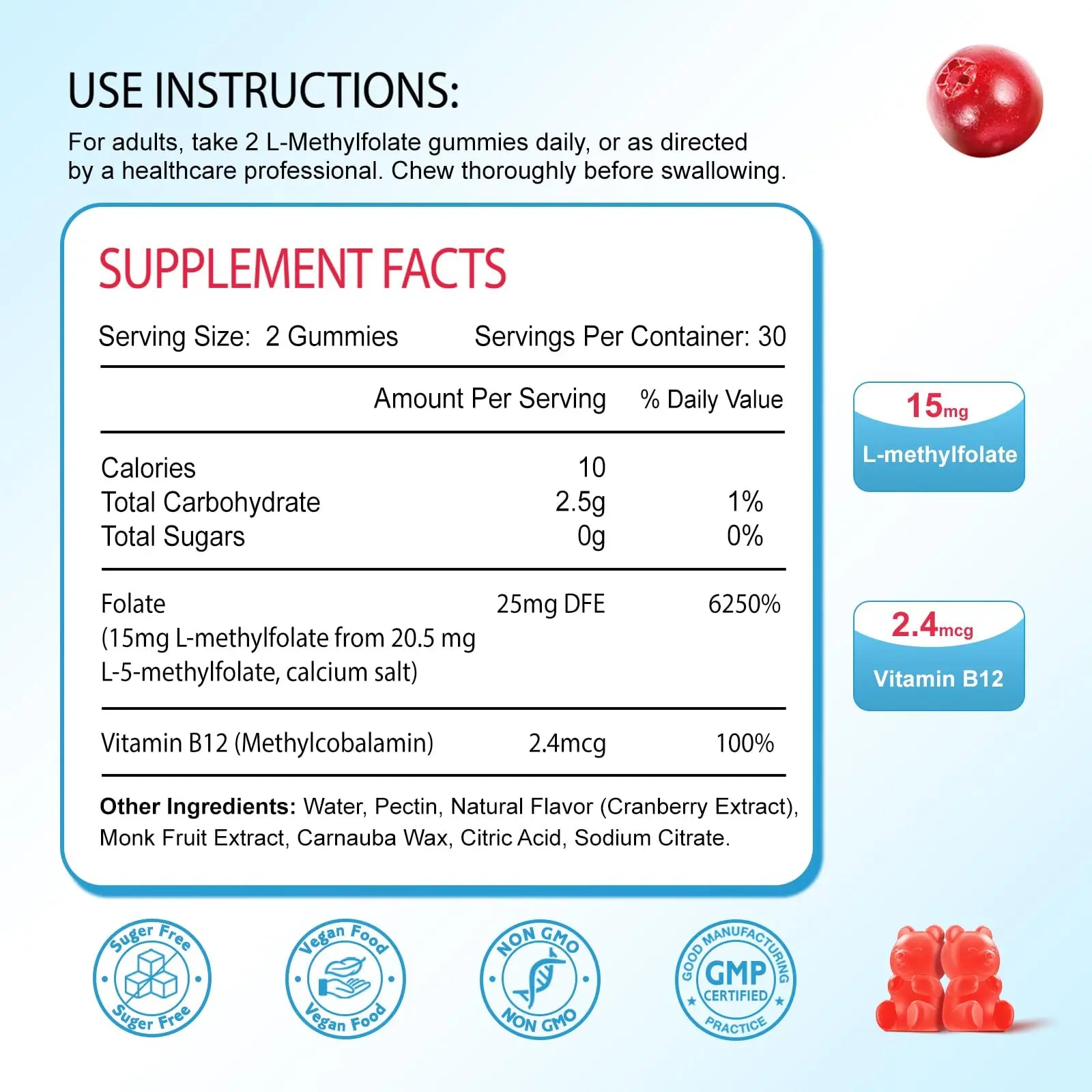 Zetelixia 2 Pack L-Methylfolate 15mg & Methyl B12 Gummies, Folate Supplement for Brain Health, Mood & Immunity, DNA Synthesis & Repair Zetelixia Au supplements