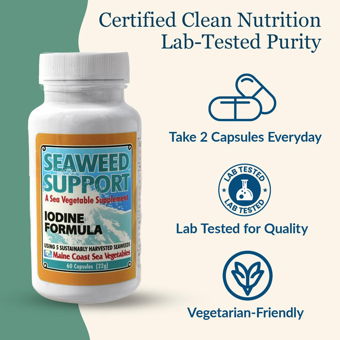 Maine Coast Sea Vegetables Seaweed Support Iodine Formula | Source of Iodine from Seaweed | Daily Use Iodine Supplement | Organic Alaria, Rockweed, Sea Lettuce, Dulse & Bladderwrack blend | 60 Capsule Maine Coast Sea Vegetables Au supplements