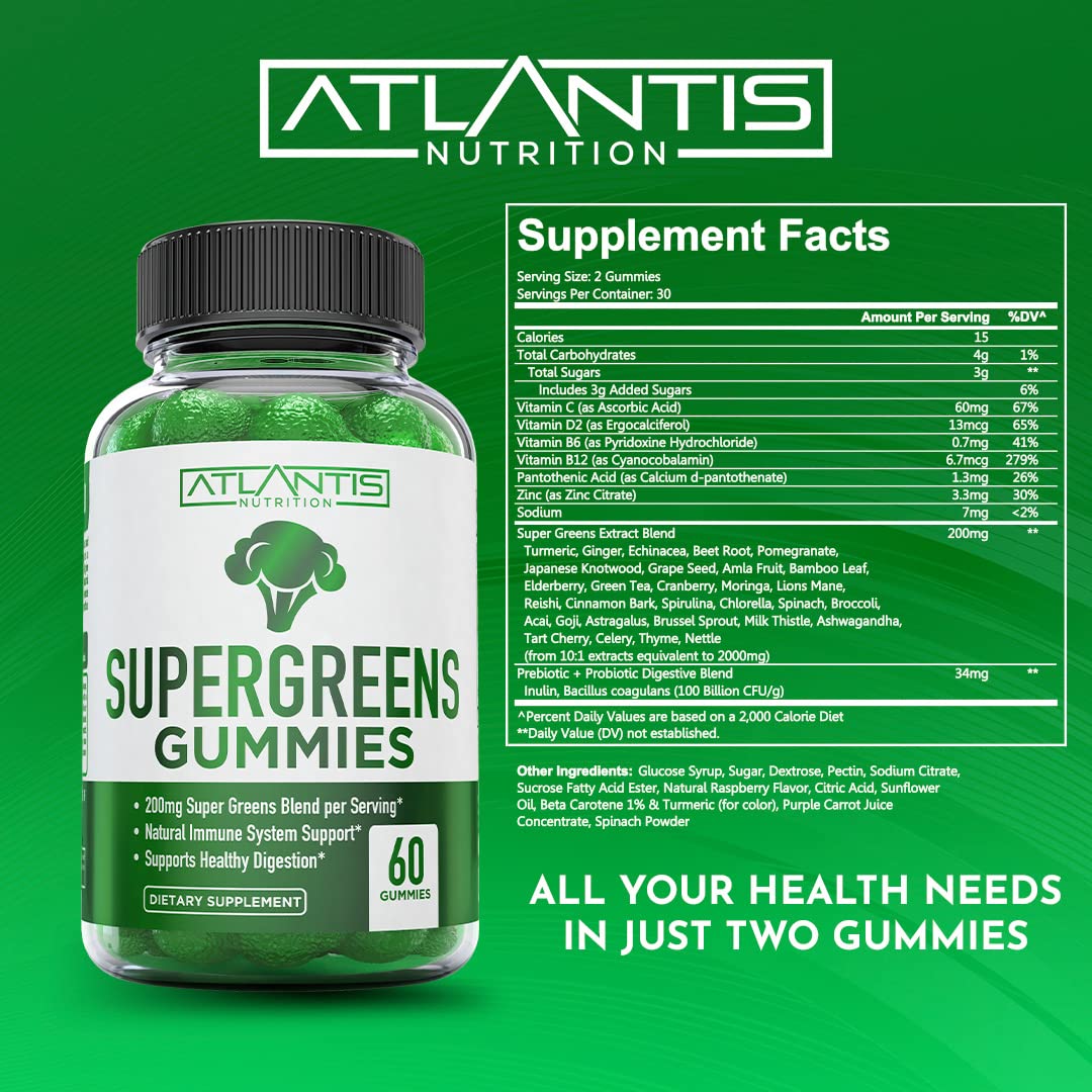 Atlantis Nutrition Supergreens Gummies - Daily Green Superfoods Supplement with Spinach, Broccoli, Moringa, Beet Root, Celery, Green Tea, & Acai for Immunity Support - Natural Raspberry Flavor, 60 cnt Atlantis Nutrition Au supplements