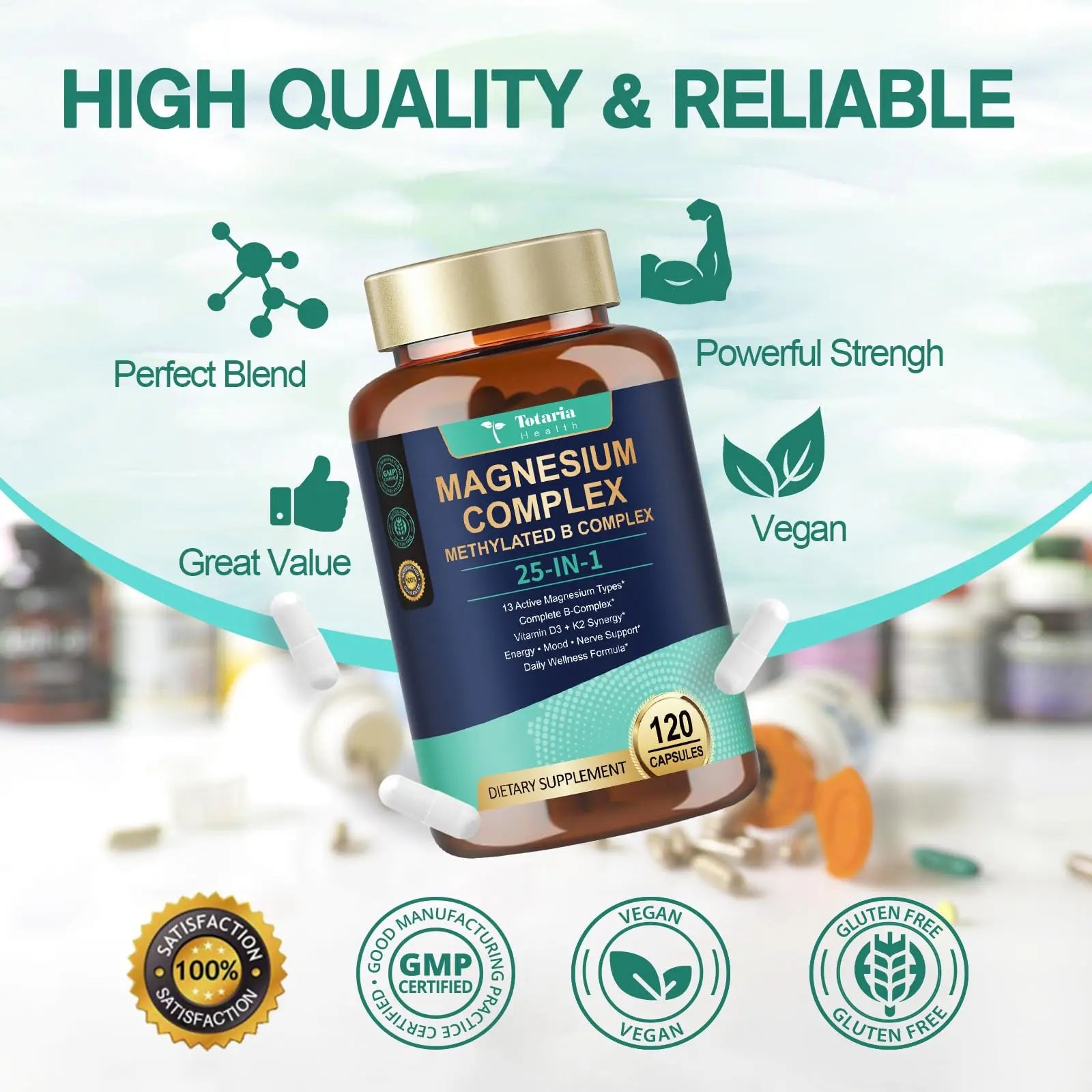 25-in-1 Magnesium Complex with Methylated B Complex Magnesium Glycinate Citrate Malate Taurate Gluconate Aspartate Carbonate D3 K2, Magnesium Supplement for Relaxation Energy & Nerve, 120 Vegan Caps Totaria Au supplements