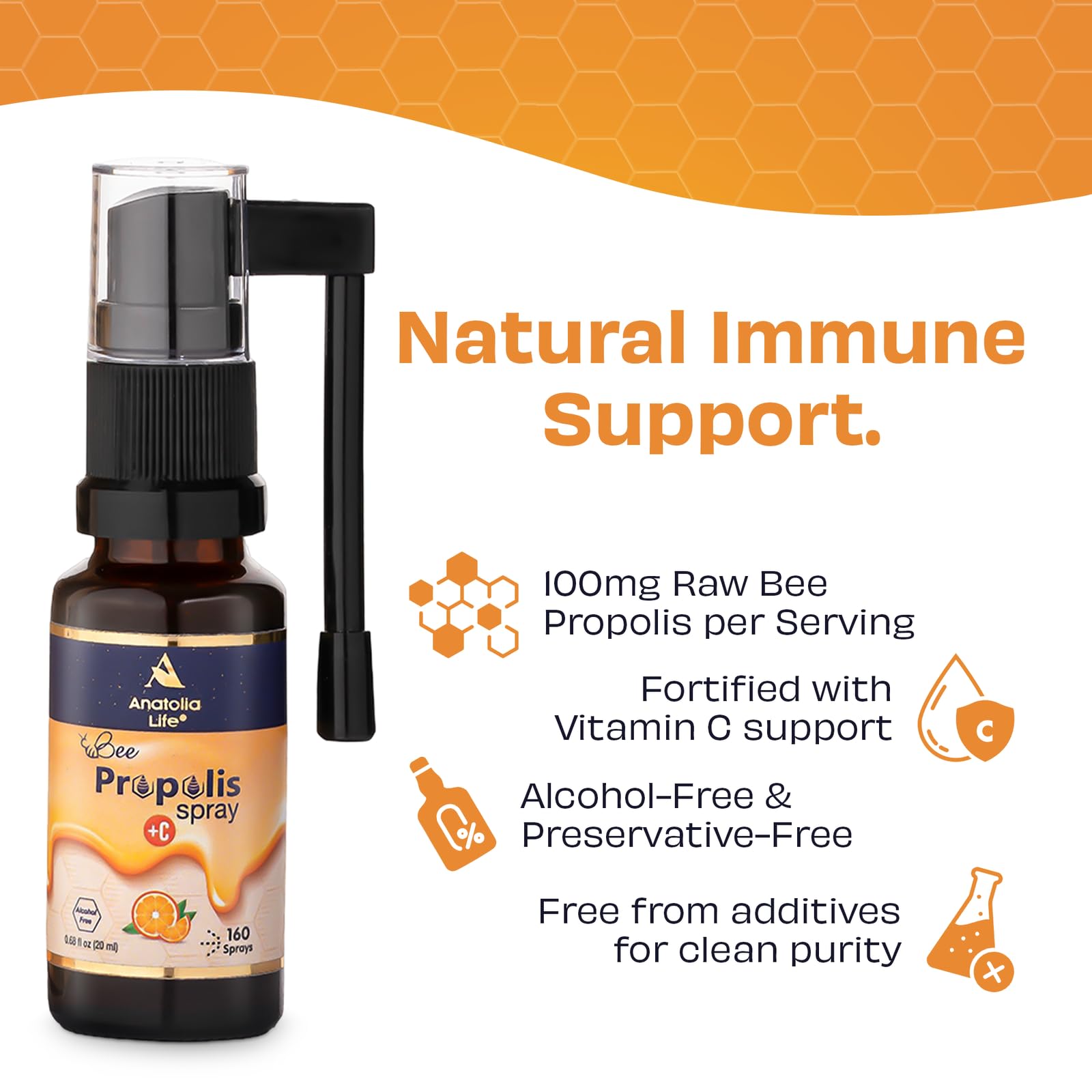 Anatolia Life Bee Propolis Spray + Vitamin C – Alcohol-Free, Natural Orange Flavor, 100% Pure Bee Propolis Extract, Antioxidant Support, Gentle Throat Comfort – 20 ml (~160 Sprays) Anatolia Life Au supplements