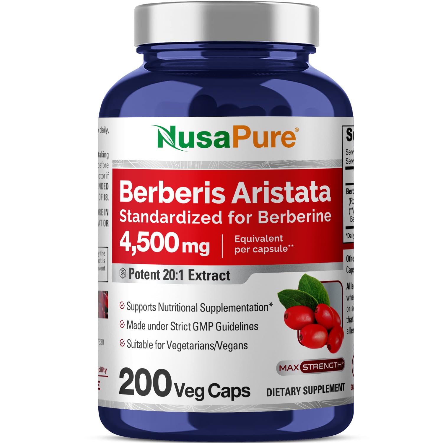 NusaPure Berberine HCI 4500 mg - 200 Veggie Caps - 6 Months Supply - (100% Vegetarian NusaPure Au supplements