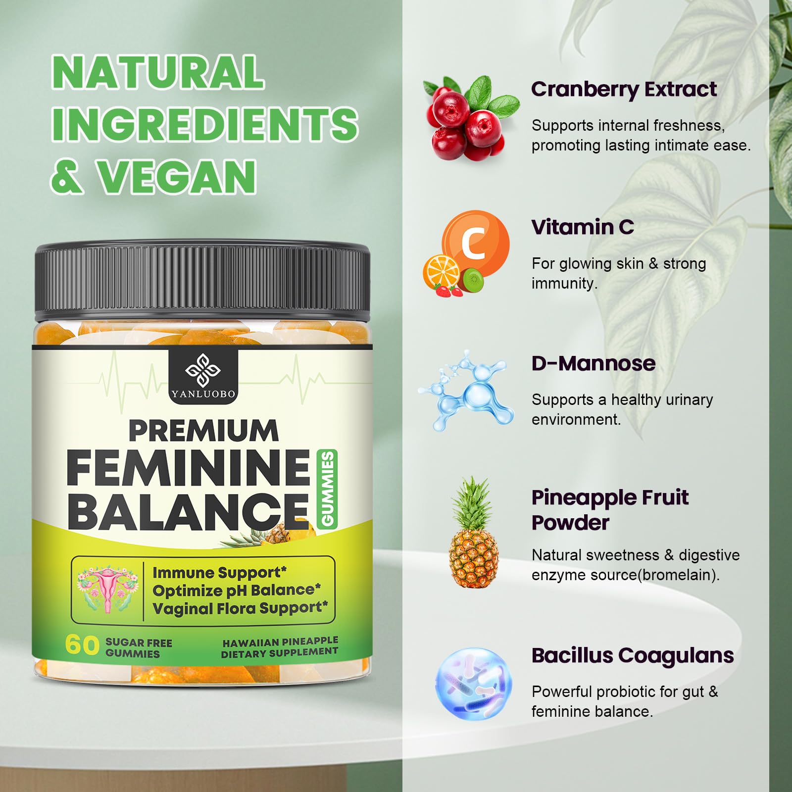 YANLUOBO Feminine Balance Probiotic Gummies - Women's Vaginal Health Support | PH Balance & Odor, Flora, Immune Support | Probiotics for Women, Vegan Pineapple Flavor, 60 Count YANLUOBO Au supplements