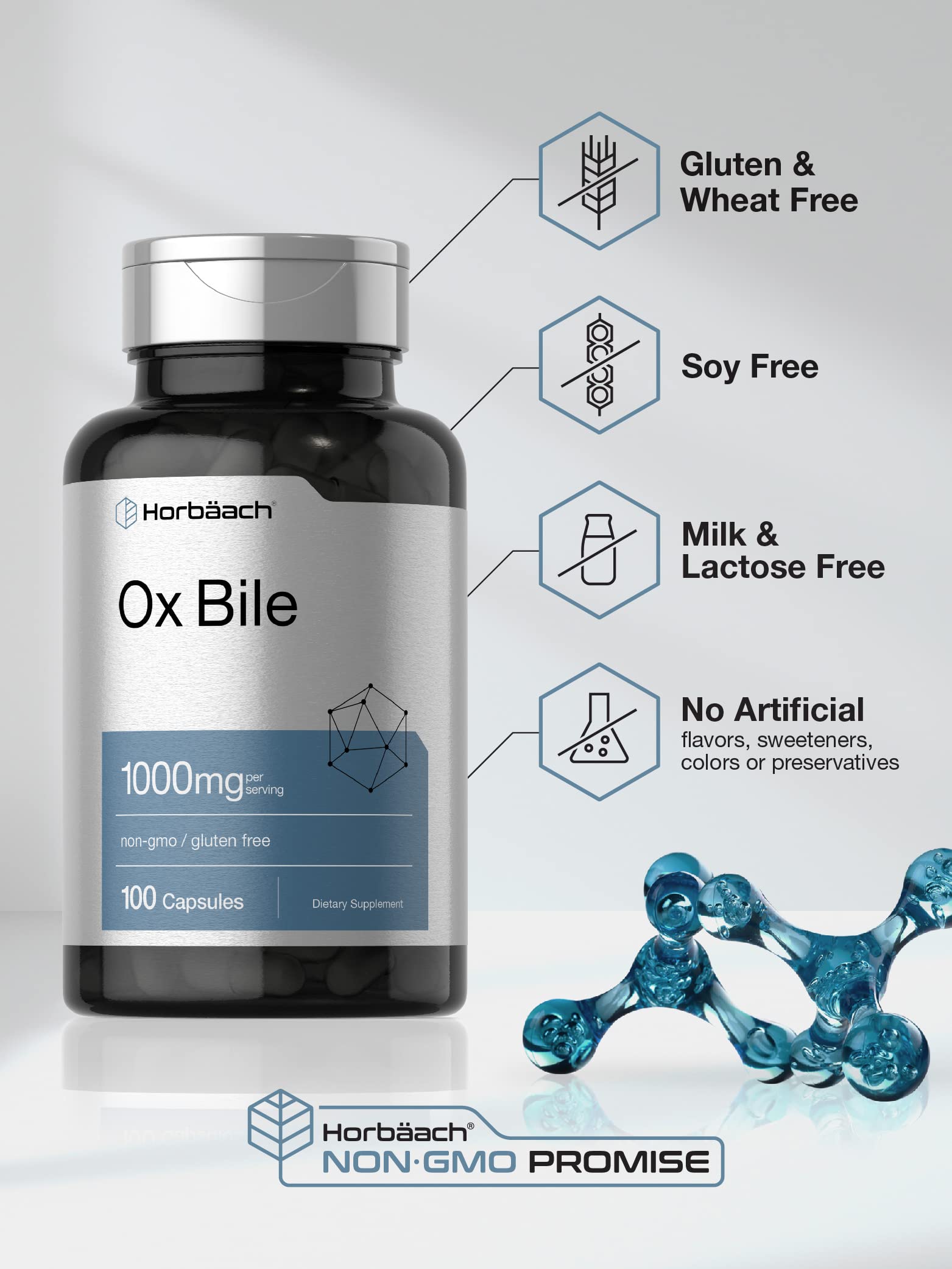 Ox Bile 1000 mg 100 Capsules | Digestive Enzymes Supplement | Non-GMO & Gluten Free Horbäach Au supplements