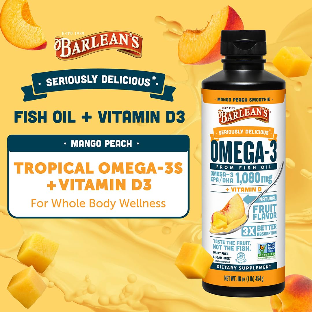Barlean's Omega 3 Fish Oil Liquid Supplement with Vitamin D for Men and Women, 1080mg of EPA and DHA Fatty Acid, Promotes Brain & Heart Health - Non-GMO, Mango Peach, 16 oz Barlean's Au supplements
