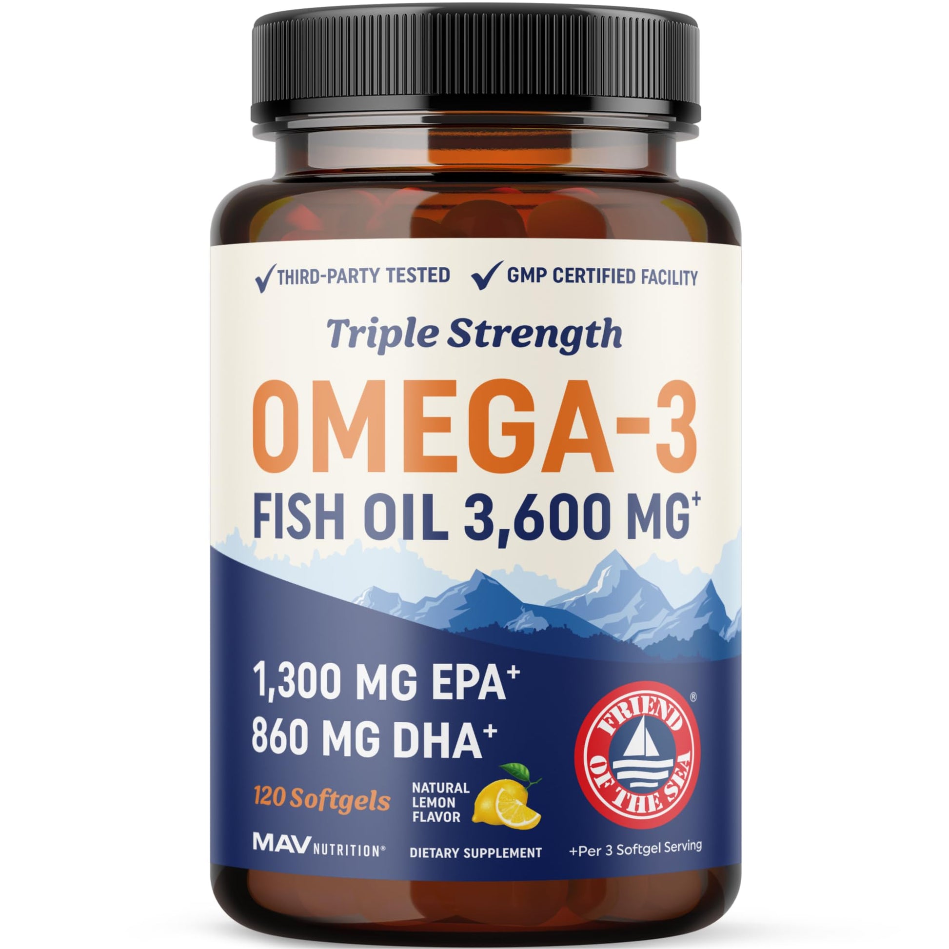 Triple Strength DHA Omega 3 Fish Oil 3600 mg | Over 2100mg Omega-3 Fatty Acids with 860mg of DHA | 1300mg EPA | Best Essential Fatty Acids | Premium Wild Caught & Burpless Fish Oil | 120 ct. MAV NUTRITION Au supplements