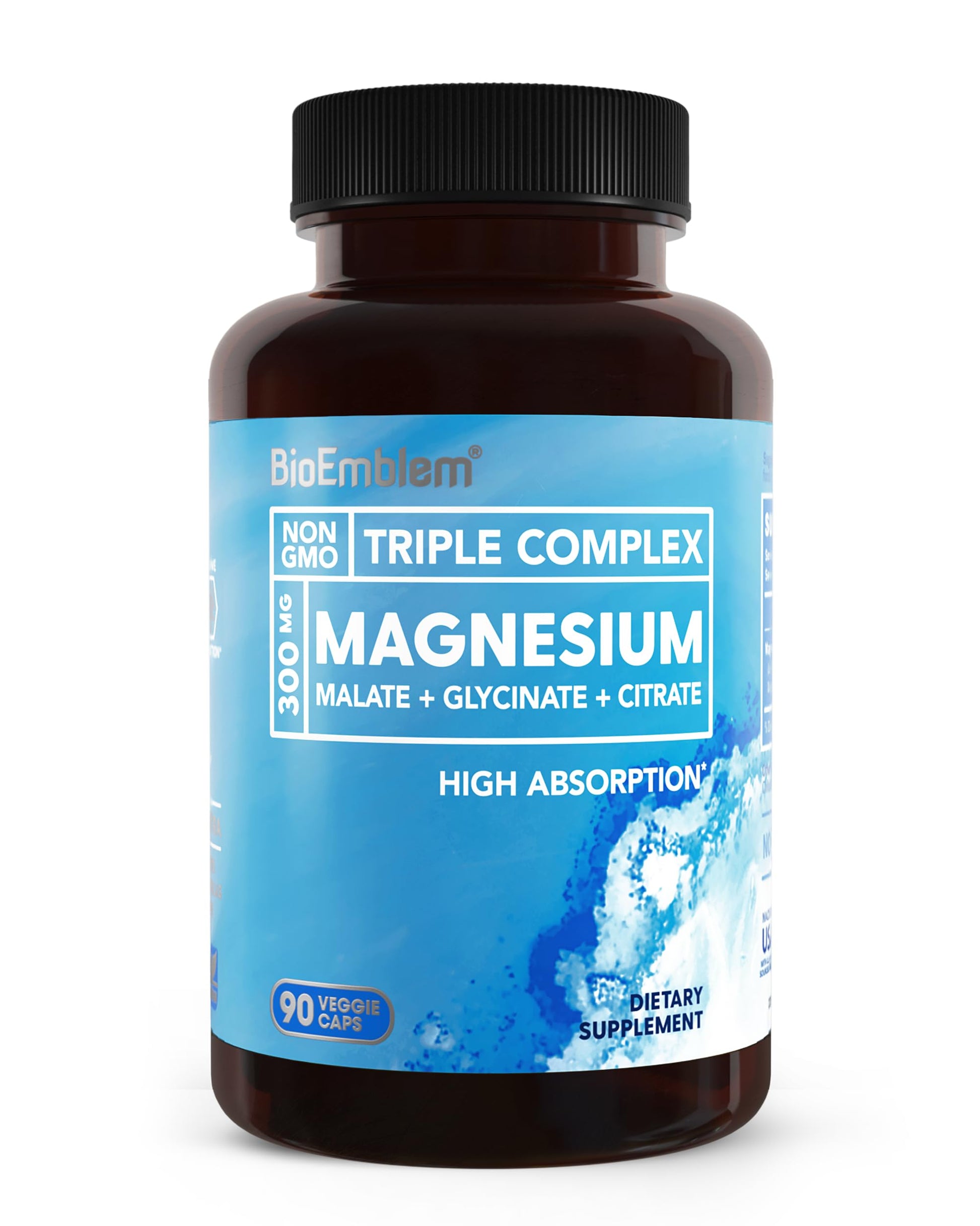 BioEmblem Triple Magnesium Complex | 300mg Magnesium Glycinate, Malate & Citrate | High Absorption Chelated Formula | Vegan, Non-GMO, Gluten-Free | 90 Capsules BioEmblem Au supplements
