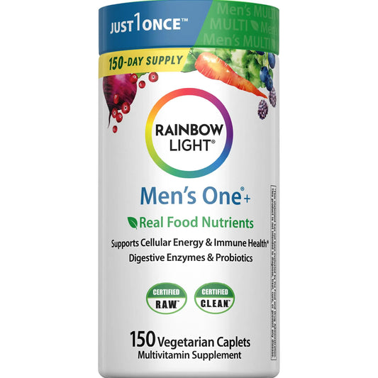 Rainbow Light Mens Multivitamin One + | 150 Caplets | Supports Cellular Energy & Immune Health | with Vitamins C, D, and Zinc | Real Food Nutrients Rainbow LightAU supplements