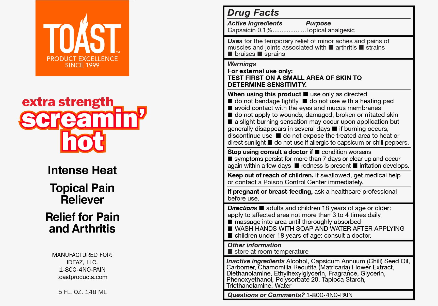 Toast Extra Strength Screamin Hot Intense Heat Topical Pain Relief Cream for Muscles and Joints - 5 Ounces Toast Au supplements