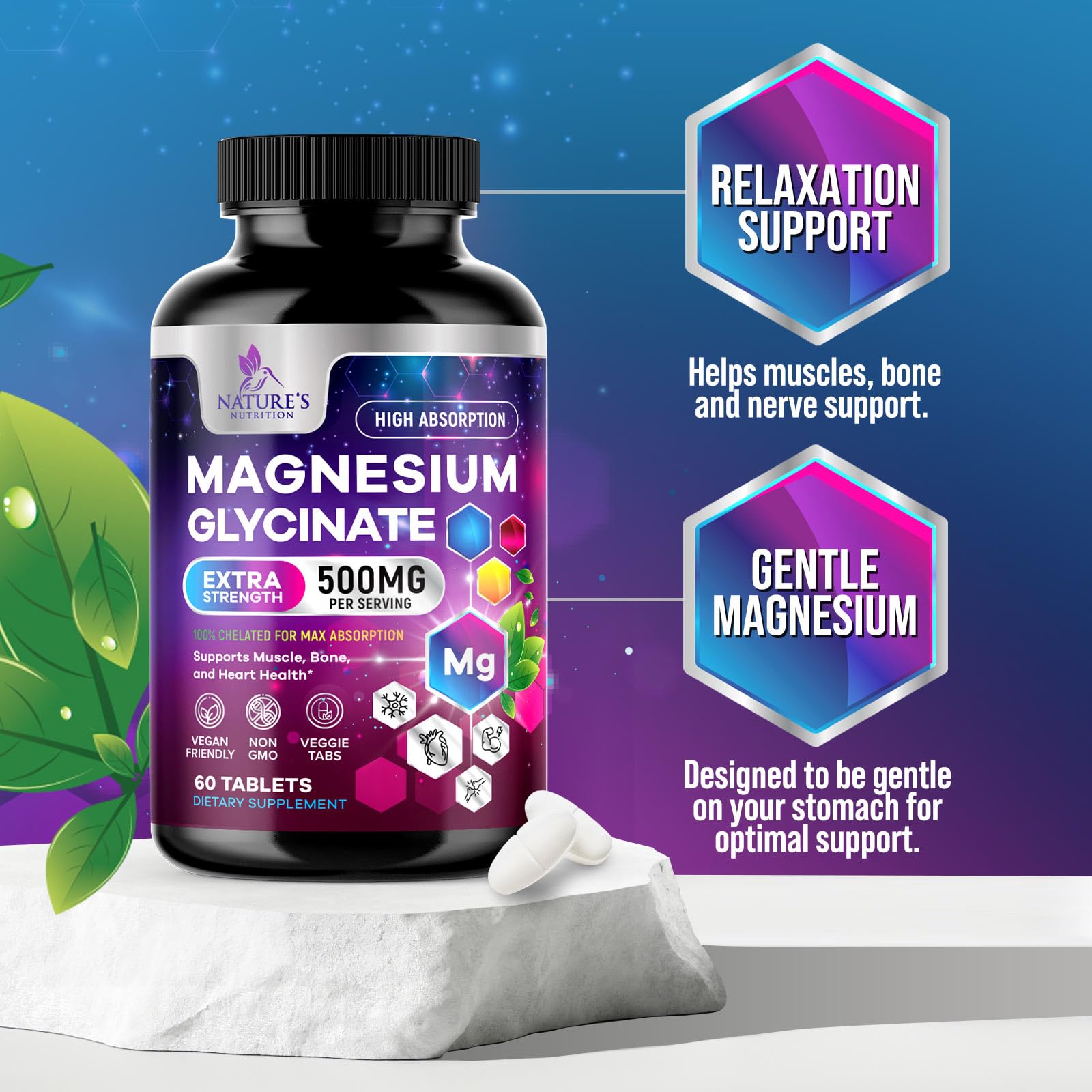 Magnesium Glycinate Supplement - 500mg Magnesium Per Serving - 100% Chelated & Purified - Supports Sleep, Heart Health, & Muscle Strength - Best Absorption Magnesium, Bottled in USA - 60 Tablets Nature's Nutrition Au supplements