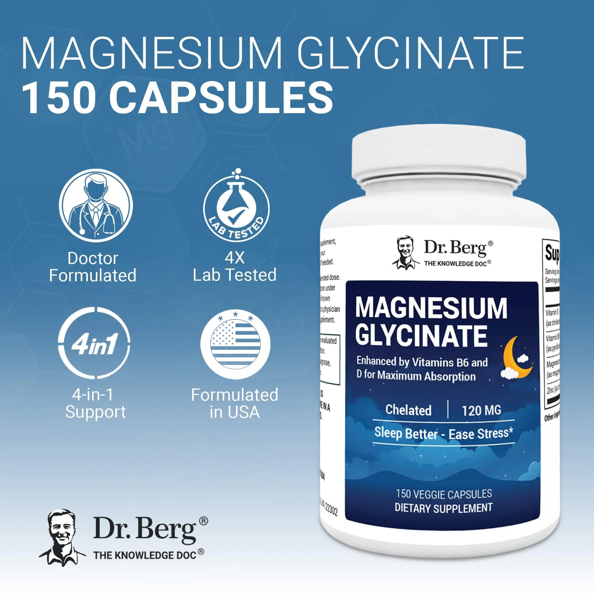 Dr. Berg Magnesium Glycinate 150ct – 4-in-1 Chelated for Muscle, Nerve, Sleep & Stress Support*– w/ D3, B6 & Zinc – 4X Lab-Tested – No Fillers – Formulated in USA, GMP-Certified Dr. Berg Nutritionals Au supplements