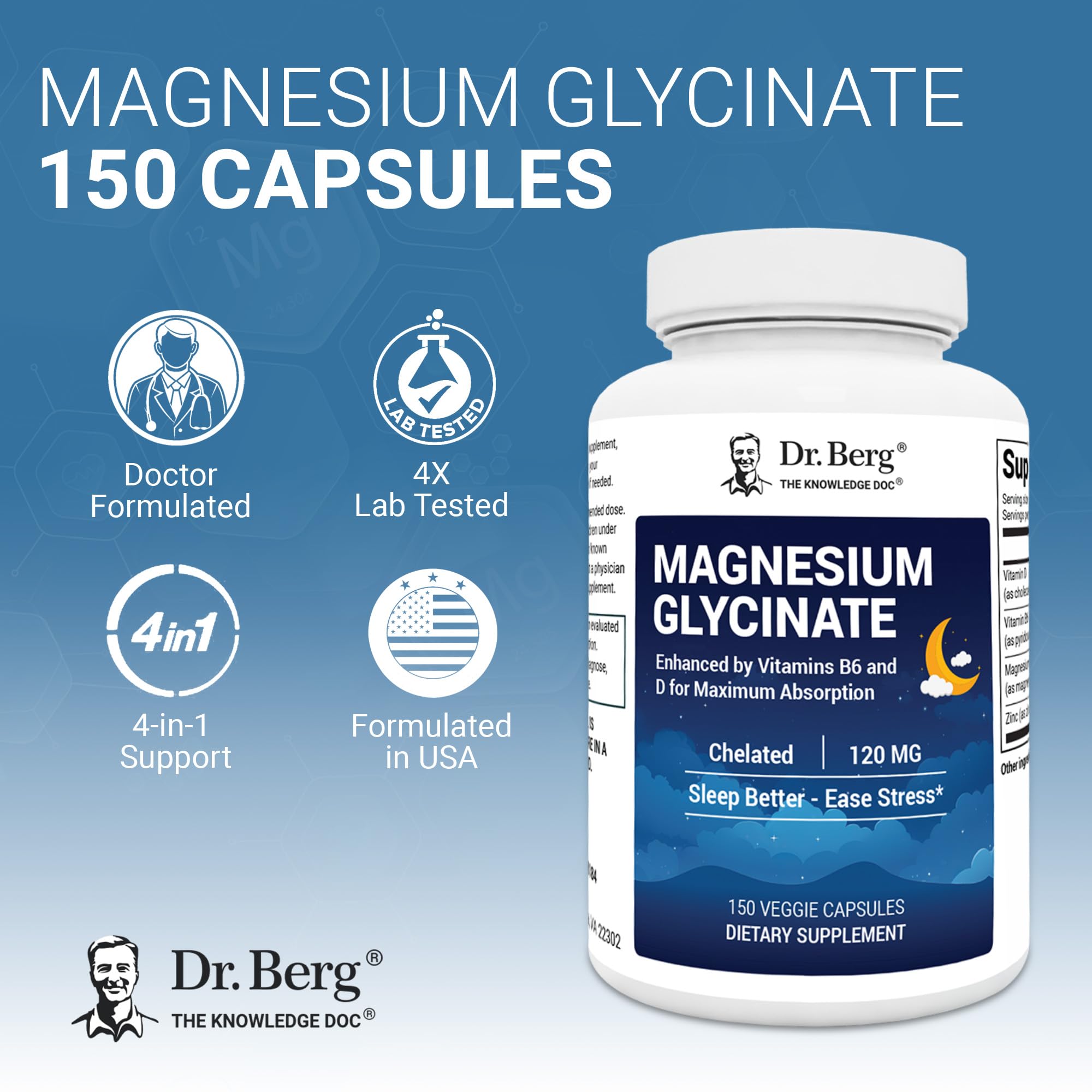 Dr. Berg Magnesium Glycinate 150ct – 4-in-1 Chelated for Muscle, Nerve, Sleep & Stress Support*– w/ D3, B6 & Zinc – 4X Lab-Tested – No Fillers – Formulated in USA, GMP-Certified Dr. Berg Nutritionals Au supplements